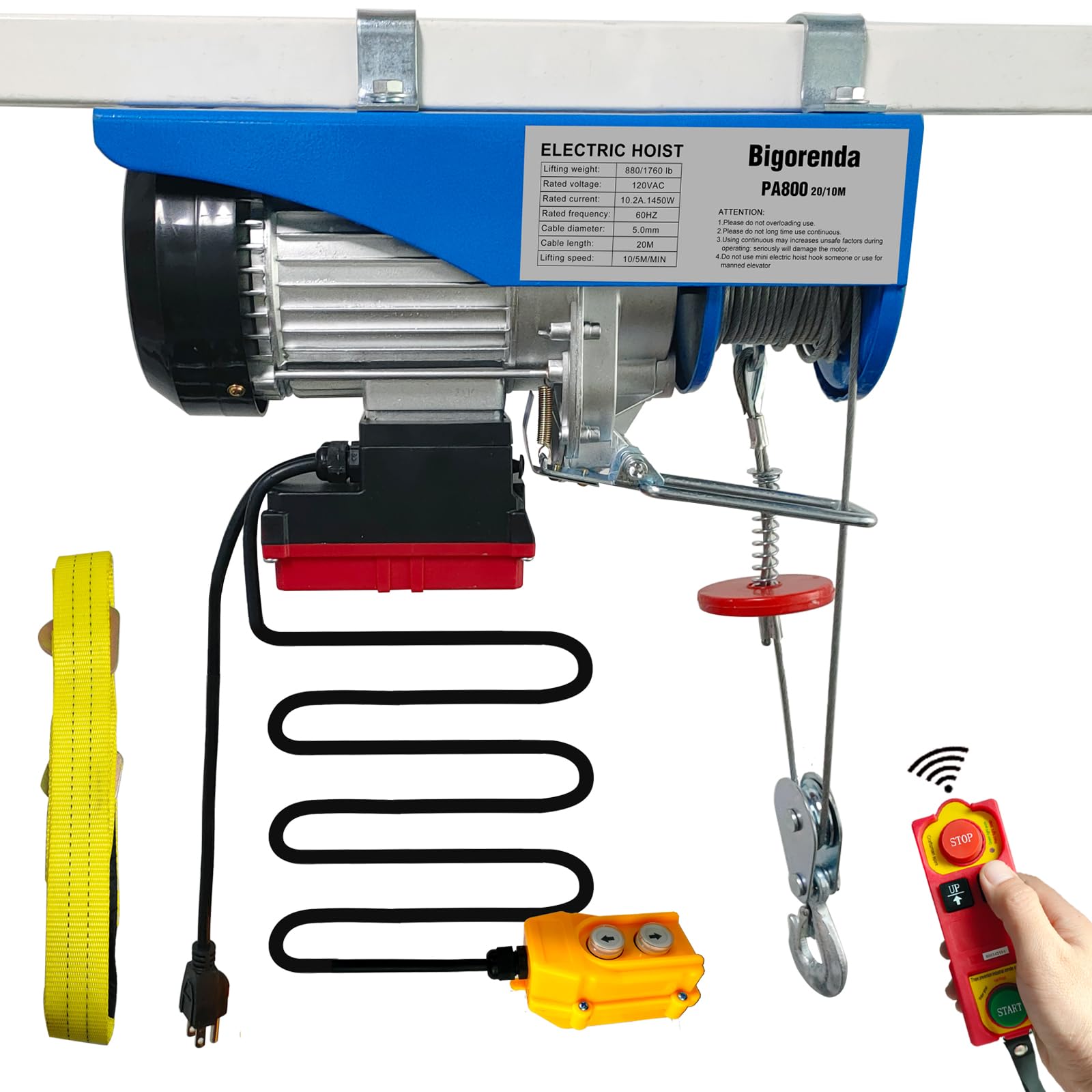 Bigorenda 1760lb Electric Hoist with Remote Control/Wired Control, Electric Hoist 2 in 1, 110v Electric Hoist with Single/Double Slings,65.6/33ft Lifting Height, for Factory Attic Garage Warehouse