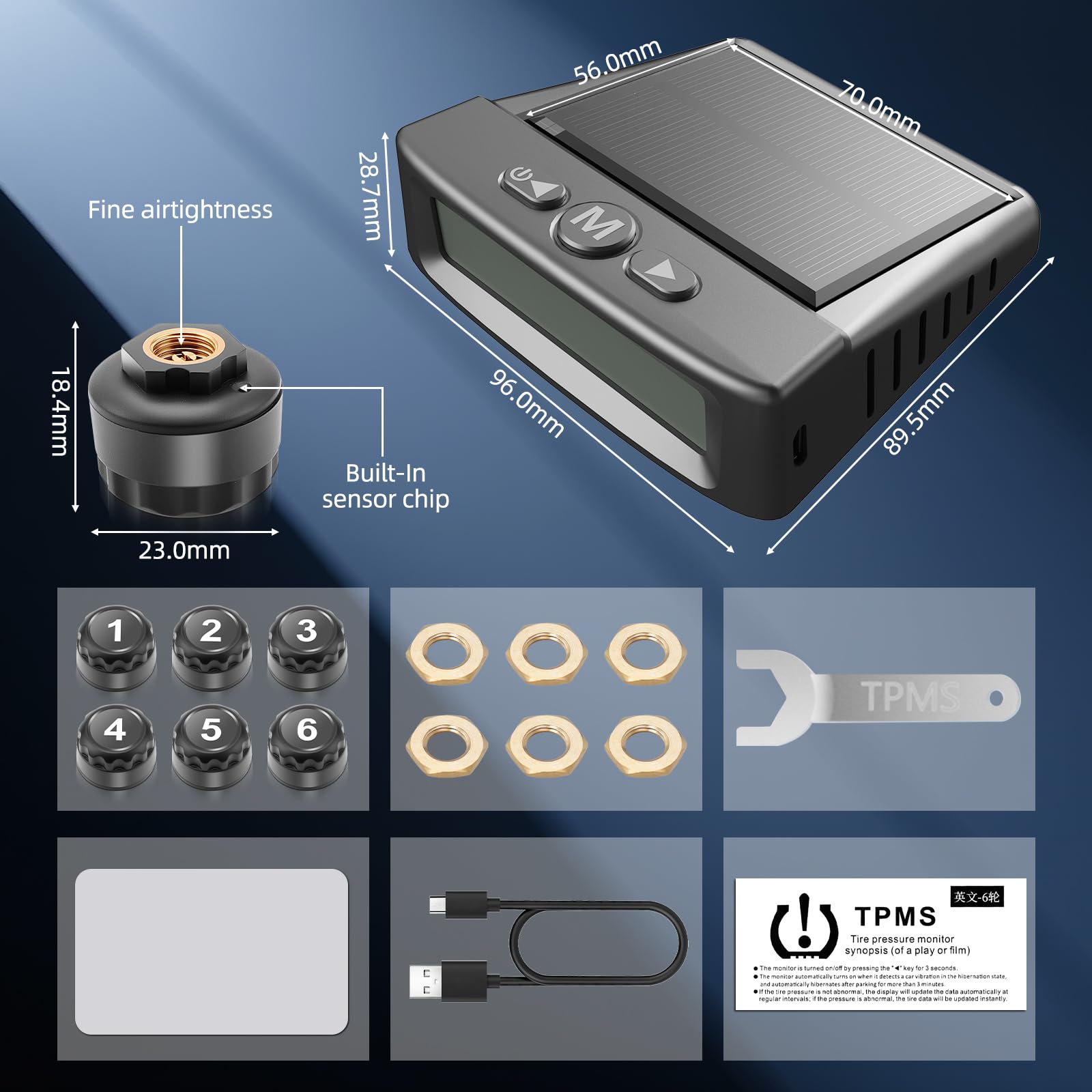 Sistema de control de presión de neumáticos KAOLALI compatible con 6 ruedas, con monitor de presión de neumáticos con pantalla digital, 9,9 bares/144 PSI máx., carga solar y USB, para camiones