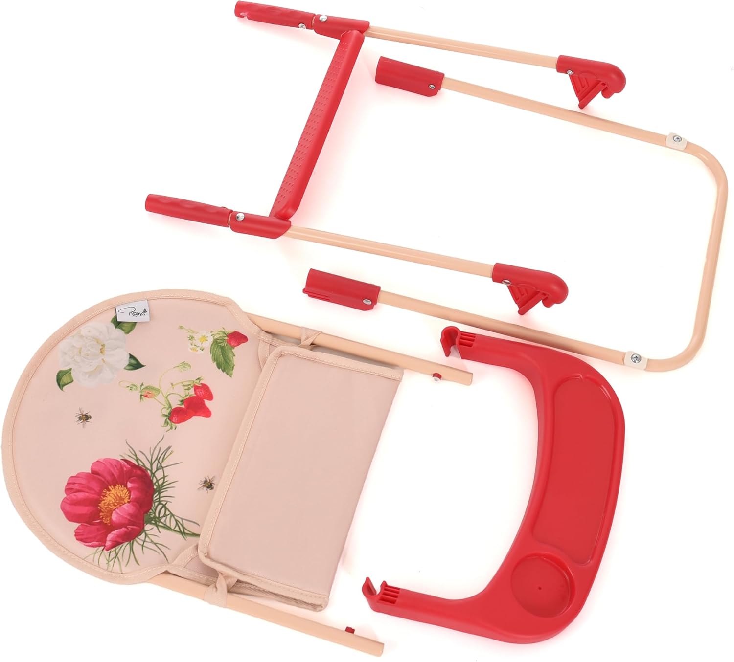 Roma Prams: RHS Doll Highchair - Flora - Cream & Red, Feeding Tray, Fabric Seat, Accessory for Dolls Up to 16.5", Easy Storage, Roleplay Toy, Kids 3+