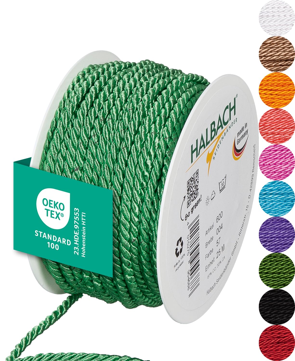 Halbach Seidenbänder Premium Kordel (leuchtendes grün) | Breite 4mm Länge 25m | Made in Germany & Öko-Tex Zertifiziert | glänzende Satinkordel aus Acetat