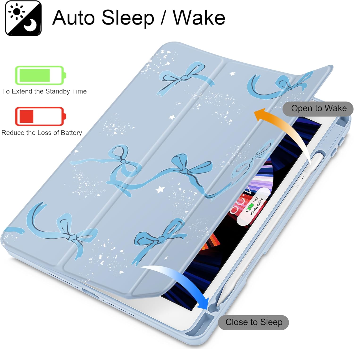 Tuiklol for iPad 10.2 case 2021 Gen 9th Release Built in Pencil Holder - Trifold Stand-Auto Wake/Sleep TPU Protection Stand Clear Back Cover for 2020 2019 [8th/7th] iPad 10.2 Case,Bow-Blue
