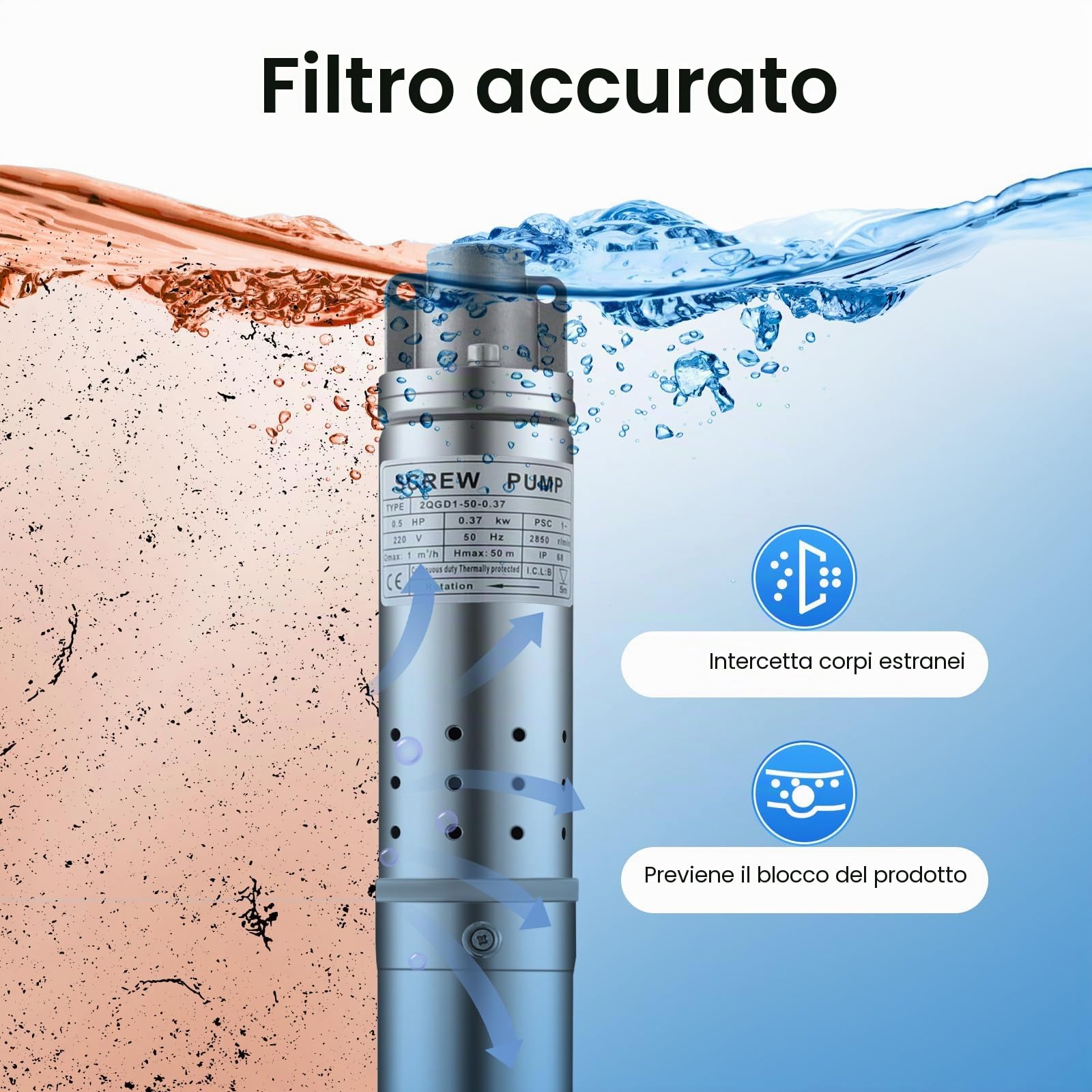 Pompa per fontana profonda da 2 pollici, pompa sommersa con interruttore a pressione in acciaio inox 1000 L/H, 0,37 KW, 55 m, altezza di mandata, pompa dell'acqua per irrigazione giardino