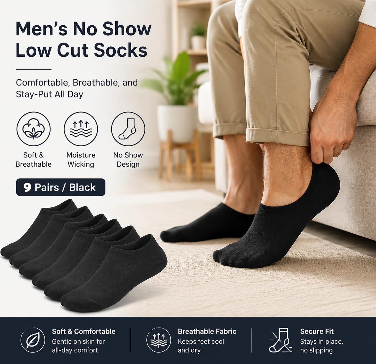 9 Pairs No Show Socks Men Thin Low Cut Non Slip Invisible Socks