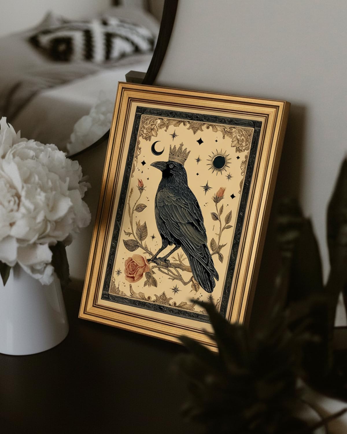 InSimSea Gold Framed 3D Textured Wall Art, Vintage King Raven Norse Folk Home Artwork, Mystical Flowery Crown Paintings Boho Art for Living Room Hallway Shelf, 12x16inch