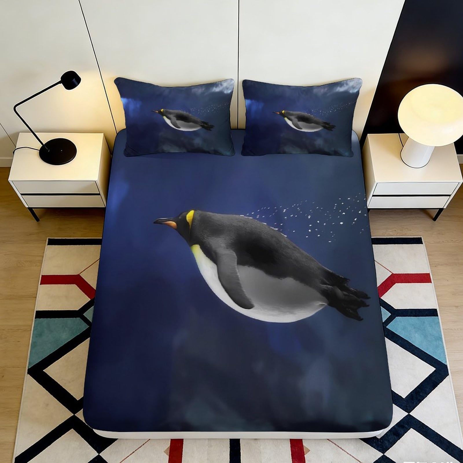 3D Printed Swimming Penguin Fitted Sheet Microfiber Soft Breathable Ocean Blue Mattress Cover for Bedroom Dorm Decoration 120x200x25cm
