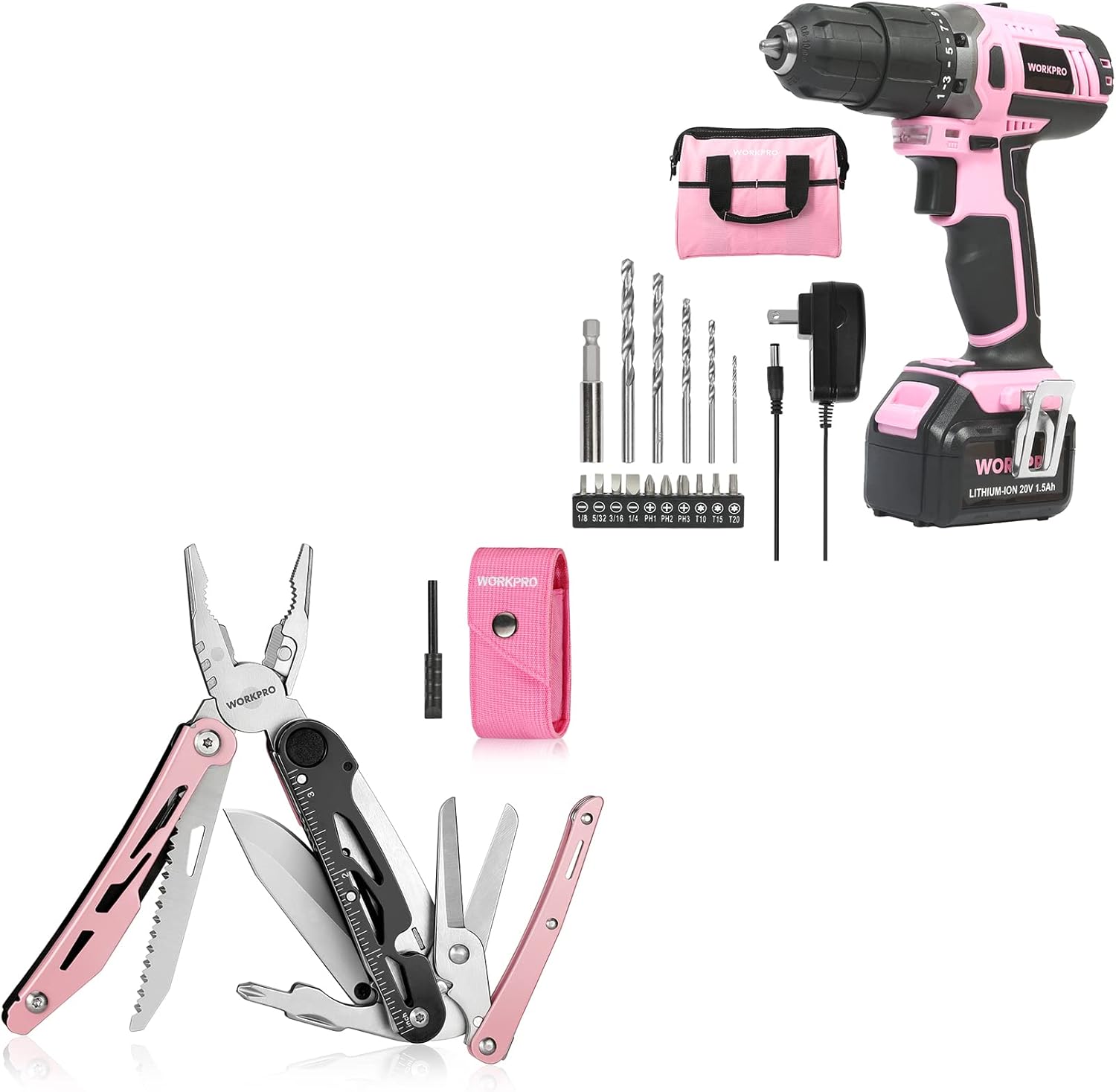 WORKPRO Pink Cordless 20V Drill Driver Set & WORKPRO 11 in 1 Multitool