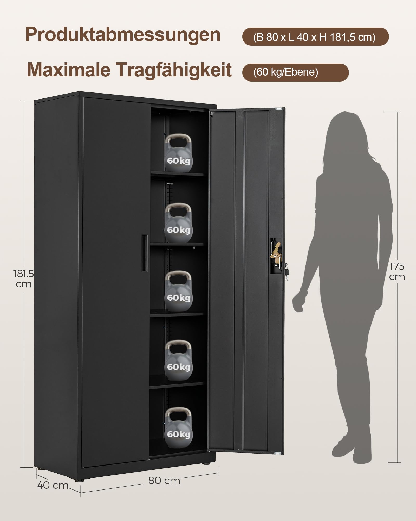 LAND·VOI Stahlschrank 5 Ebenen mit Schloss verstellbare Einlegeböden Doppeltüren Aktenschrank Werkzeugschrank für Büro Garage Haushalt Werkstatt 80x40x181.5 cm Schwarz
