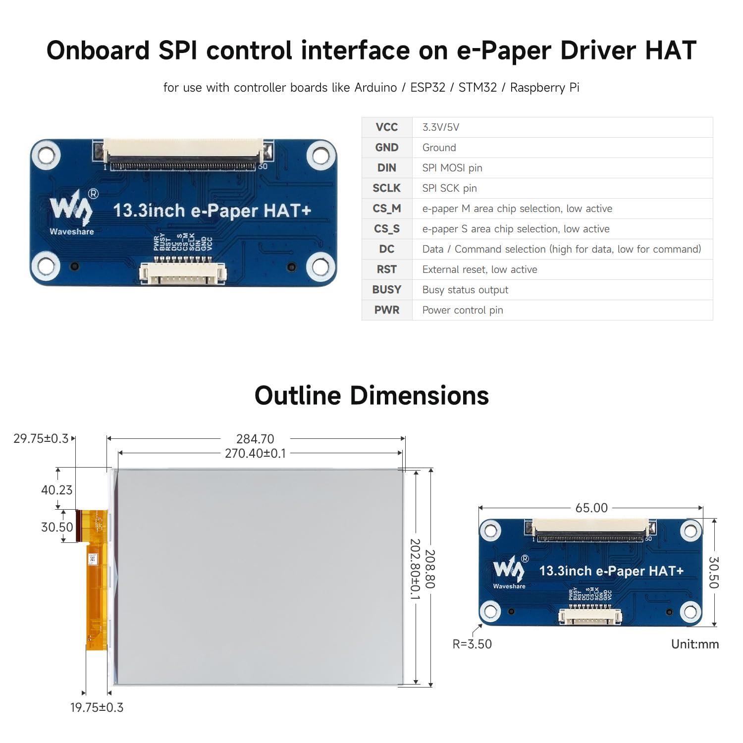 Waveshare 13.3inch E Ink Spectra 6 (E6) Full Color E-Paper Display with Hat+ Standard Driver Hat, 1600x1200 Pixels, SPI Communication, E-Ink Display
