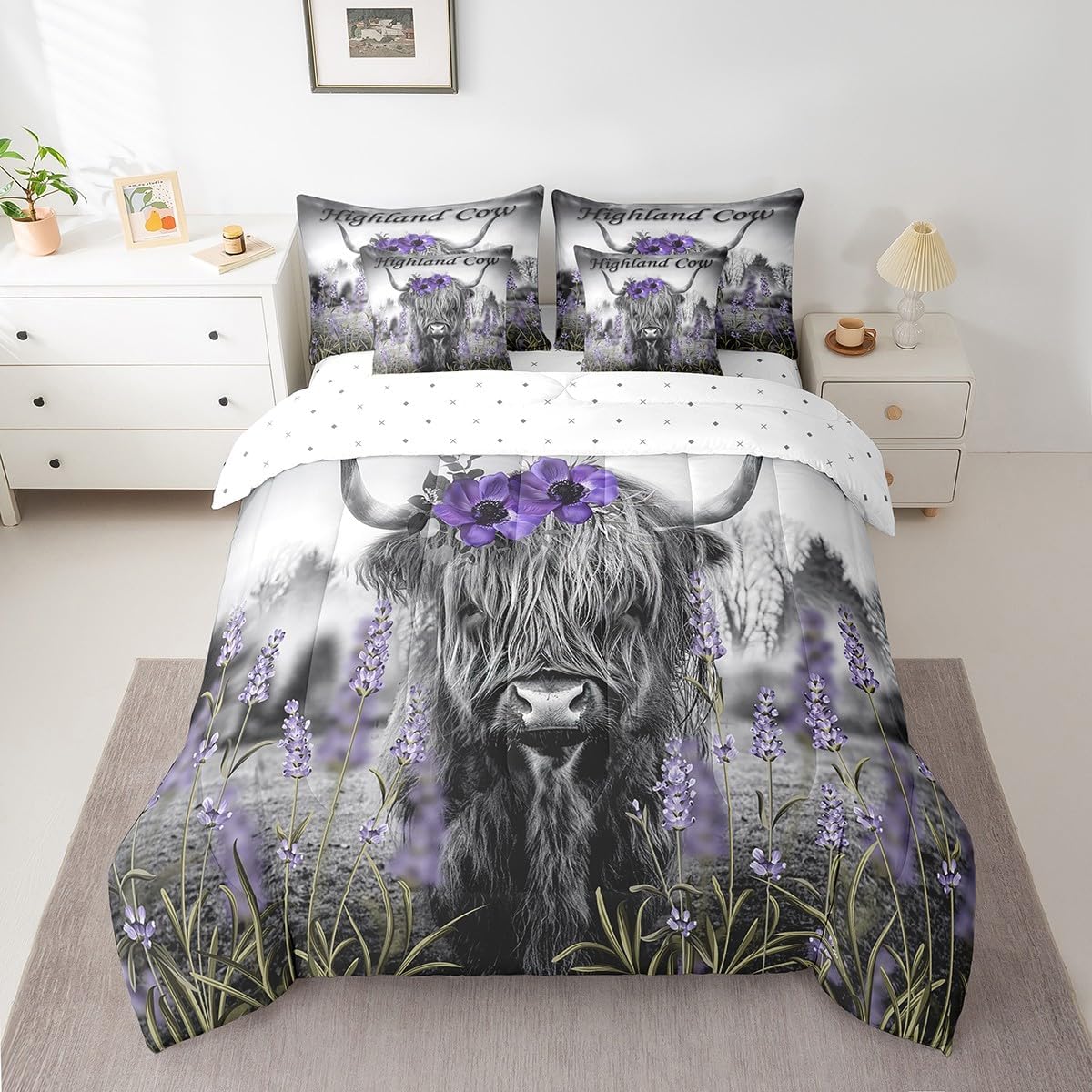 Erosebridal 7Pcs Highland Cow Comforter Sets Queen Size, Purple Lavender Floral Cow Print Comforter Set Bed in a Bag(1 Comforter, 1 Flat Sheet 1 Fitted Sheet 2 Pillowcases and 2 Throw Pillow Covers)