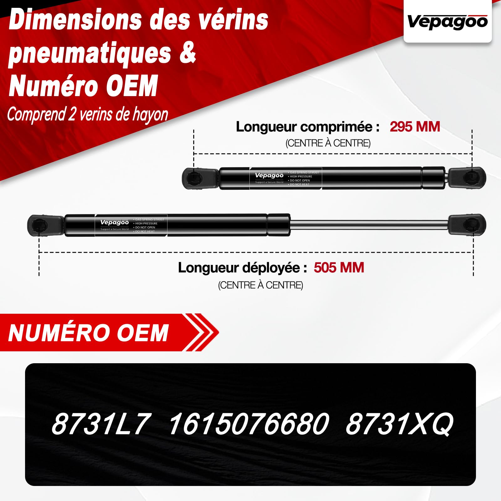 Vepagoo 2Pcs Verins de Coffre pour PEUGEOT 207 2006-2015 Vérin de Hayon Compatibles pour 8731L7 9659789480 Verin Hydraulique