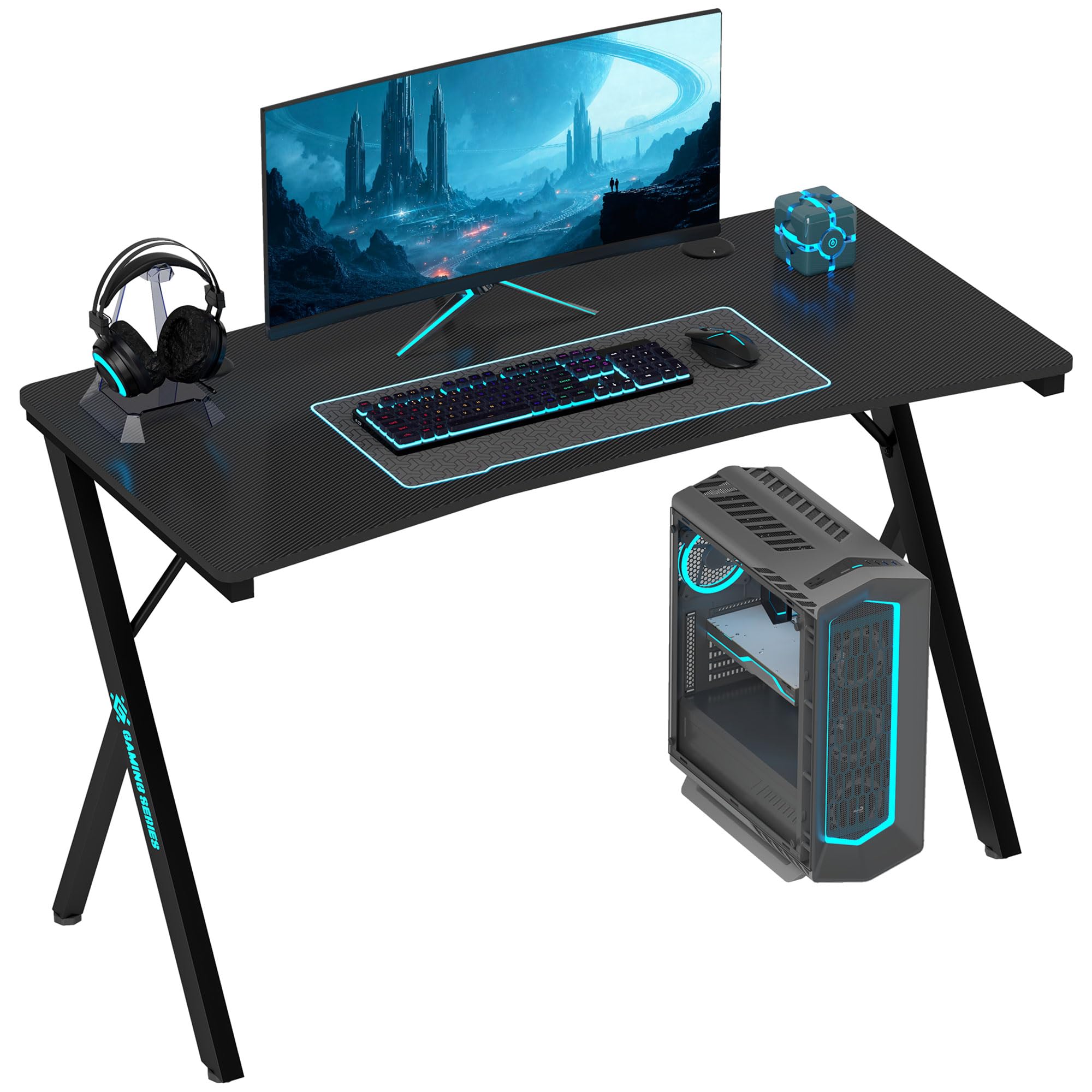 HOMCOM Scrivania Gaming con Luci LED Regolabili con 2 Modalità e 3 Colori, Ricarica USB e Fori Passacavi, Scrivania PC con Gambe a K in MDF e Acciaio, per Studio e Ufficio, 120x60x75 cm, Nero