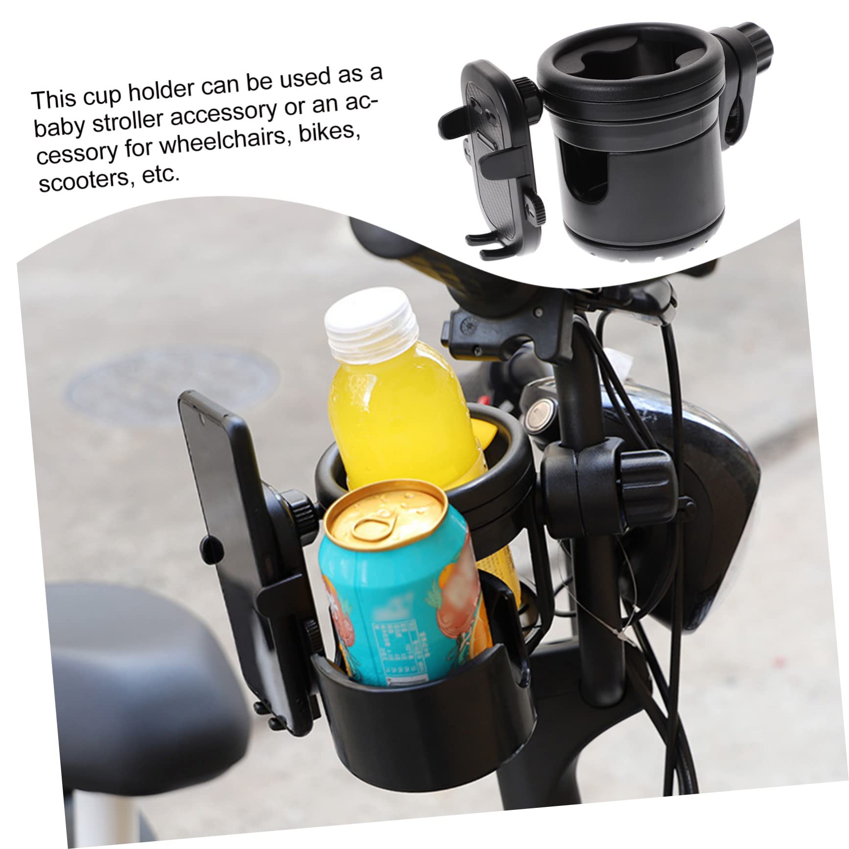 Portabicchieri per Passeggino, Porta Bottiglia e Tazza in Plastica e Metallo Nero, Antiversamento per Scooter e Sedia a Rotelle
