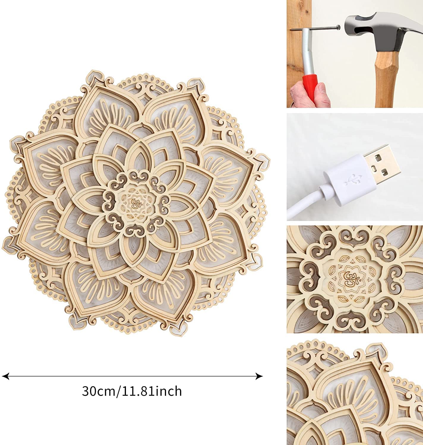 RNQZ 11,8 Pollici Mandala Wall Decor LED Night Light, LED Art Wall Decor Yoga Meditation Hanging Art Work Decorativo per casa Soggiorno Camera da Letto Ufficio