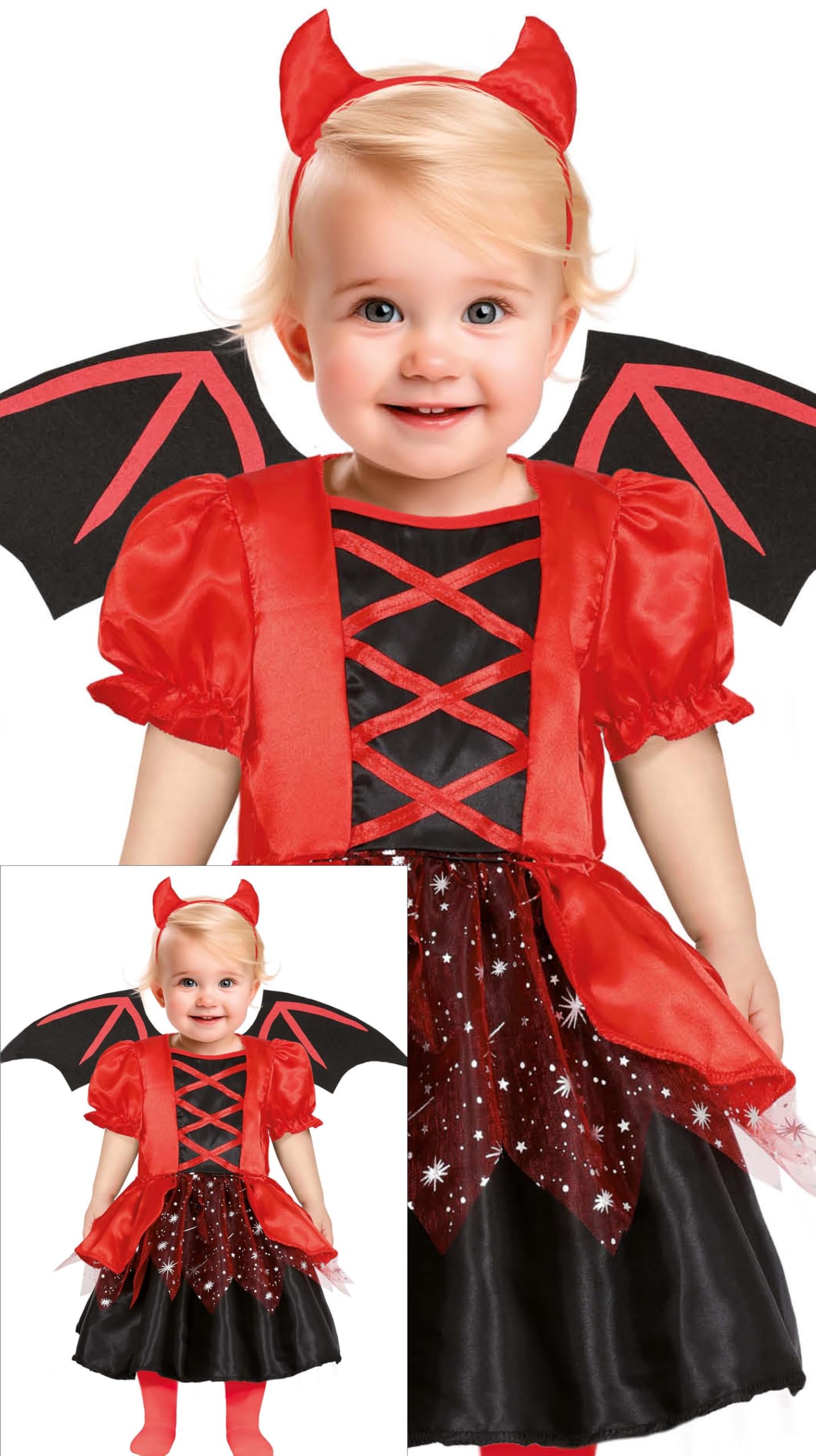 FIESTAS GUIRCA Adorable little Devil Baby Fancy Dress Costume - Toddler Costume Including Red Devil Dress with Glitter and Baby Devil Horns - Baby Girls Age 18-24 Months