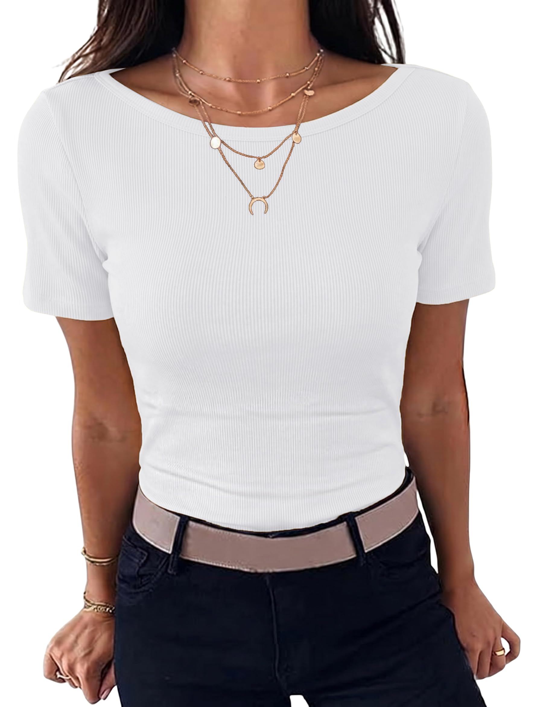 Leversic Tshirt Damen Sommer U-Boot-Ausschnitt Gerippt Elegant Oberteile | Basic Bequem Hautfreundlich Weich Einfarbig Kurzarm T Shirts Slim Fit Stretch Casual Tops