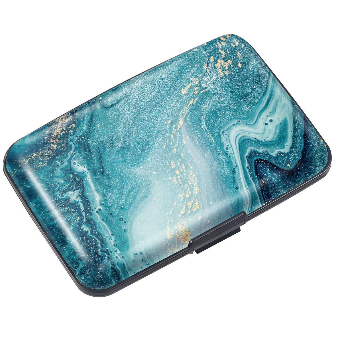 Coco RossiMini Credit Card Holder for Women or Men,RFID Blocking Slim Hard Card Case ID Case Travel Wallet, Teal Marble, S