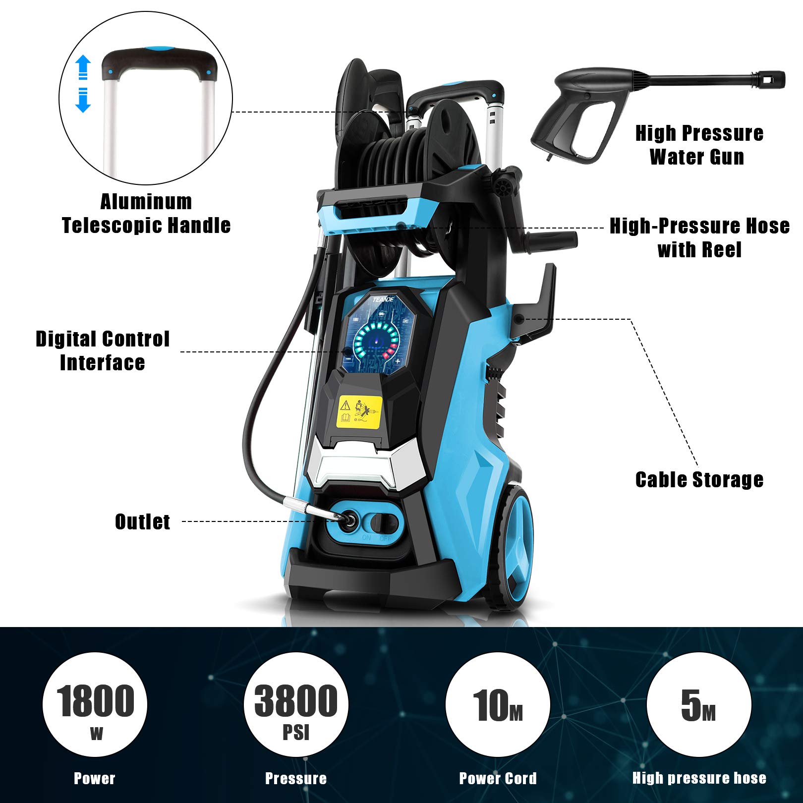 TEANDE Electric Pressure Washer 3800 PSI Smart High Pressure Power