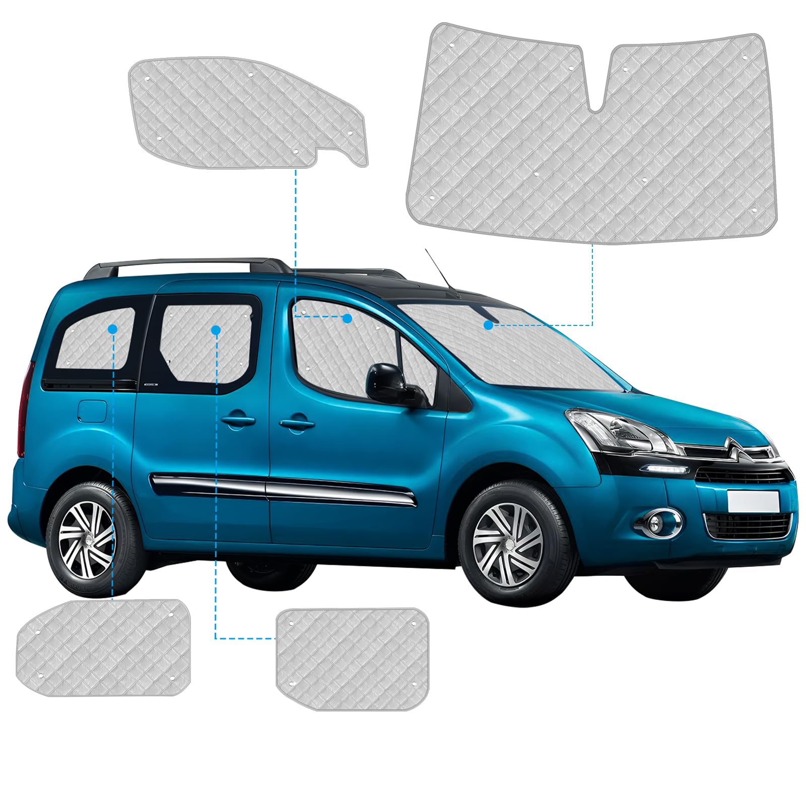 Parasol para Parabrisas Compatibles con Citroen Berlingo Peugeot Partner Rifter XLWB 2018-2025, 10 Piezas Juego de Protector de Parabrisas Ventana de Persiana Térmica Interior | Juego de 10 alfombrillas térmicas internas para protección UV