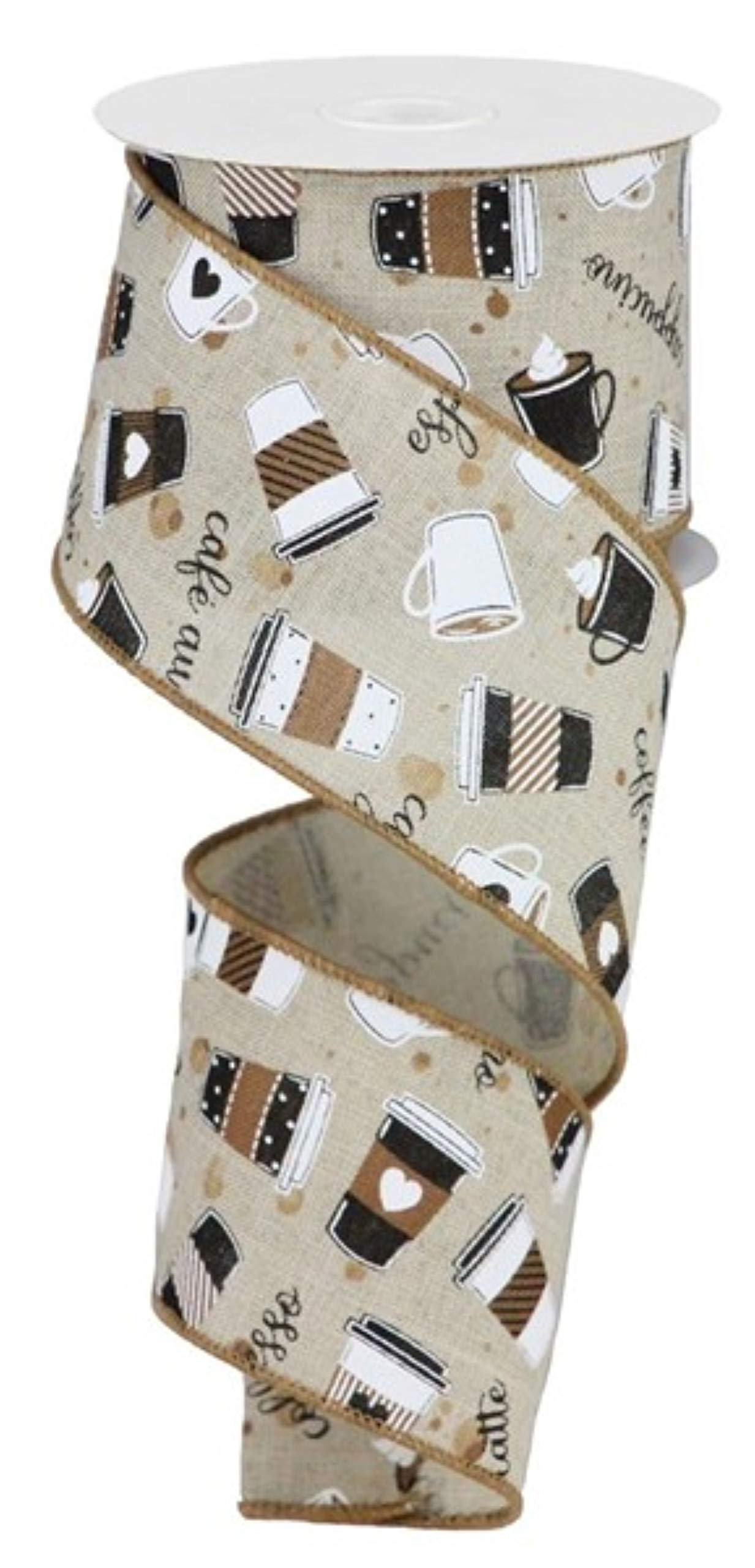 Craig Bachman 2.5" Coffee Cups on Royal Ribbon: Lt Natural (10 Yards) Beige Coffee Latte Wired Ribbon RGB109118