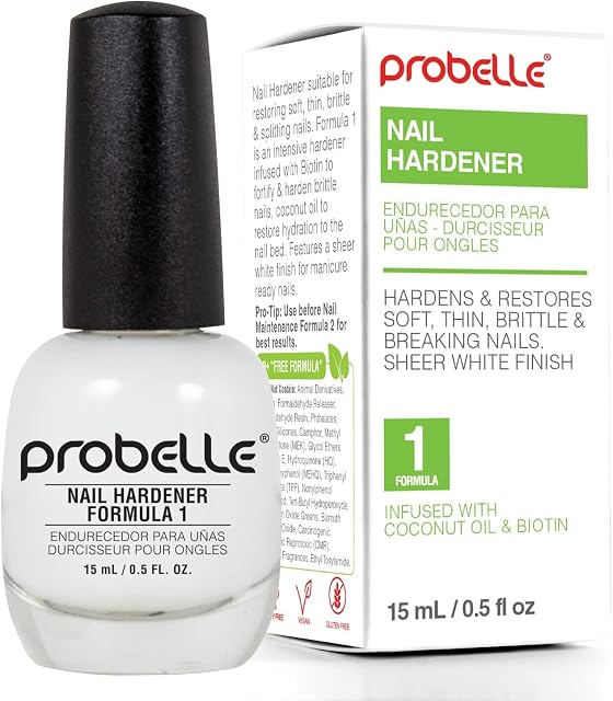 Probelle Nail Hardener Formula 1 - Repair Damaged Nails, Extra Strong Nail Growth Treatment For Brittle Nails, Grows and Restores Soft, Weak Nails, Aids Splitting, Breaking, Peeling Nails, Sheer White
