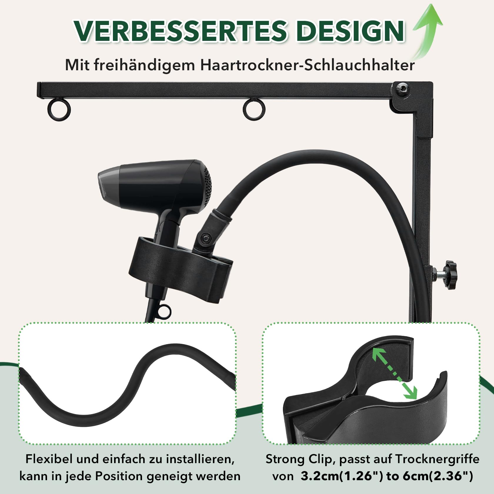 Pindex Verstellbarer Hundepflegearm mit Klemme, 74–104 cm, Hundepflegetisch-Arm inkl. Föhnhalter und Schlaufe für kleine und mittelgroße Hunde