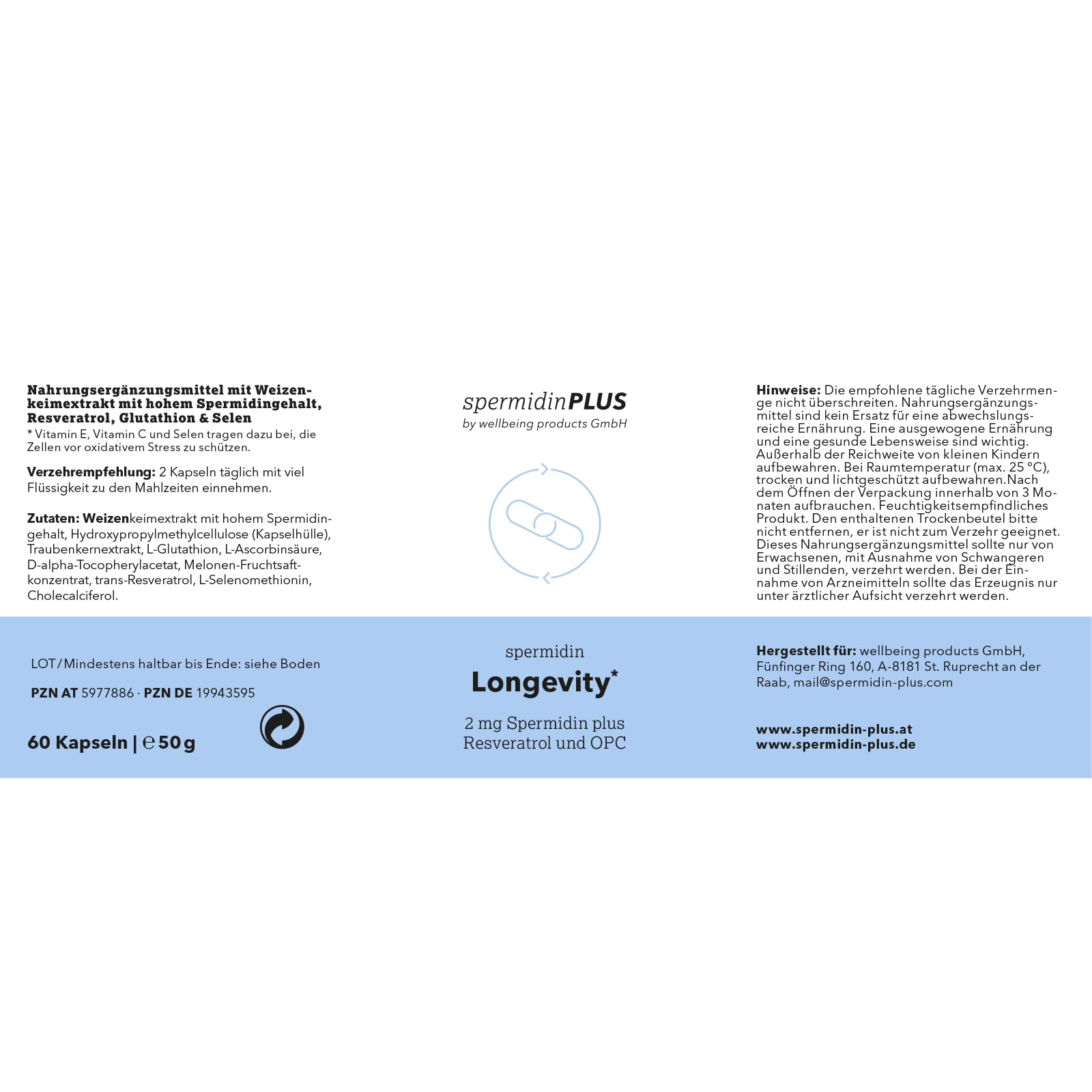 Spermidin Longevity Kapseln - 2 mg natürliches Spermidin | Spezialformel für Better Aging | Plus Melonenkonzentrat, Trans-Resveratrol und OPC | Apothekenqualität aus Österreich