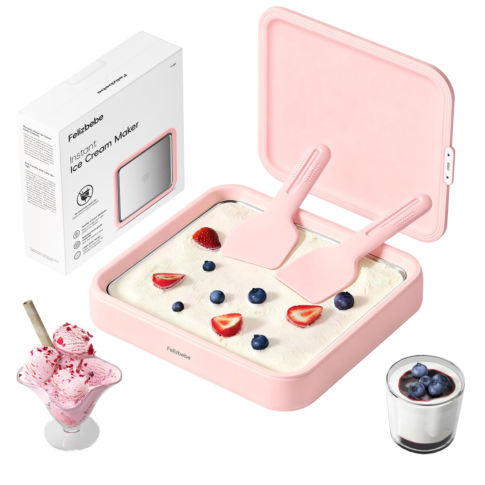 Rolled Ice Cream Maker, Felizbebe Instant Ice Cream Roller Tray with Lid and 2 Spatulas, Food Grade Premium Stainless Steel Cold Plate No-electricity for Fun Family Activities, DIY Parent (Pink)