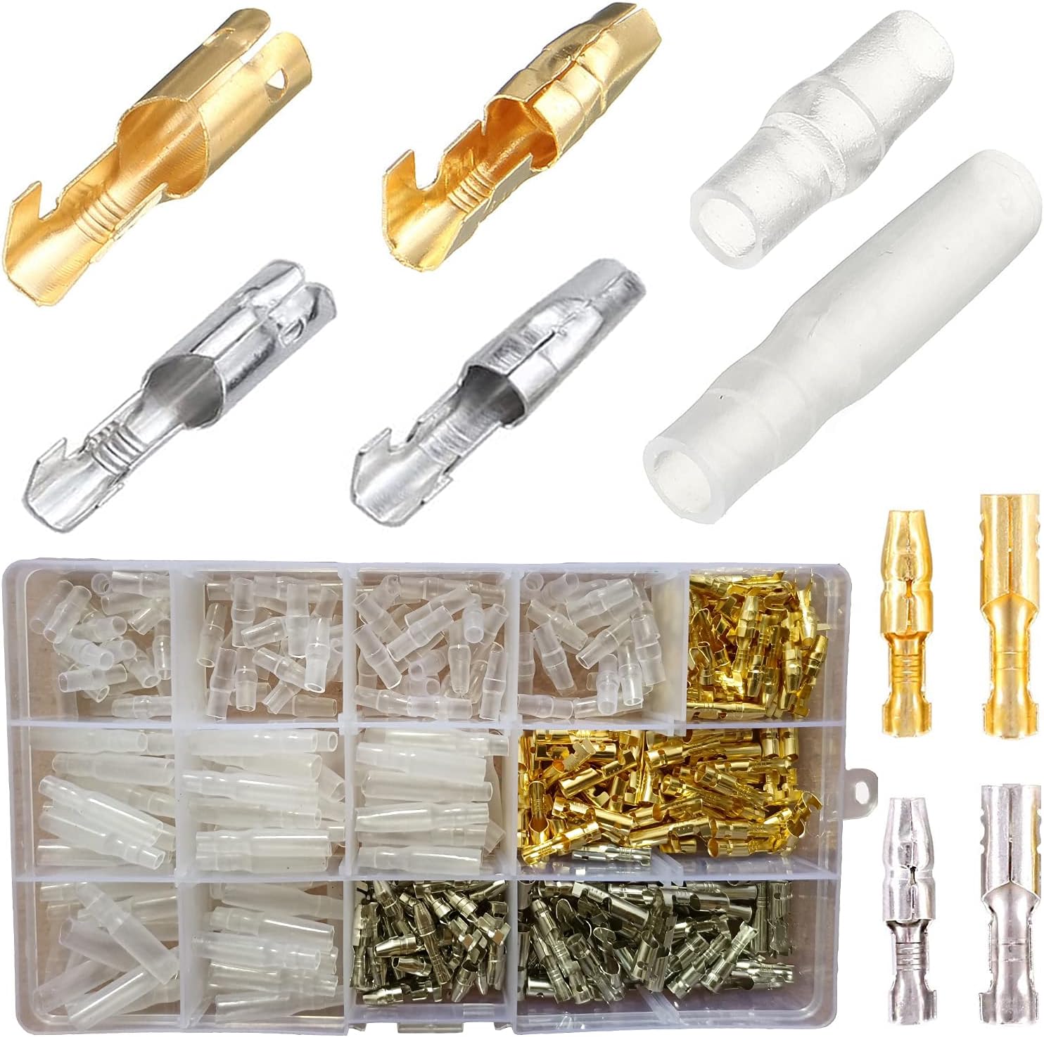 Bullet Connectors Kit 400PCS, 3.9mm Bullet Terminals with Insulation Cover, Gold Brass Bullet Wire Connectors Male and Female Crimp Terminals, Car Bike Automotive Motorcycle Electrical Connector kit