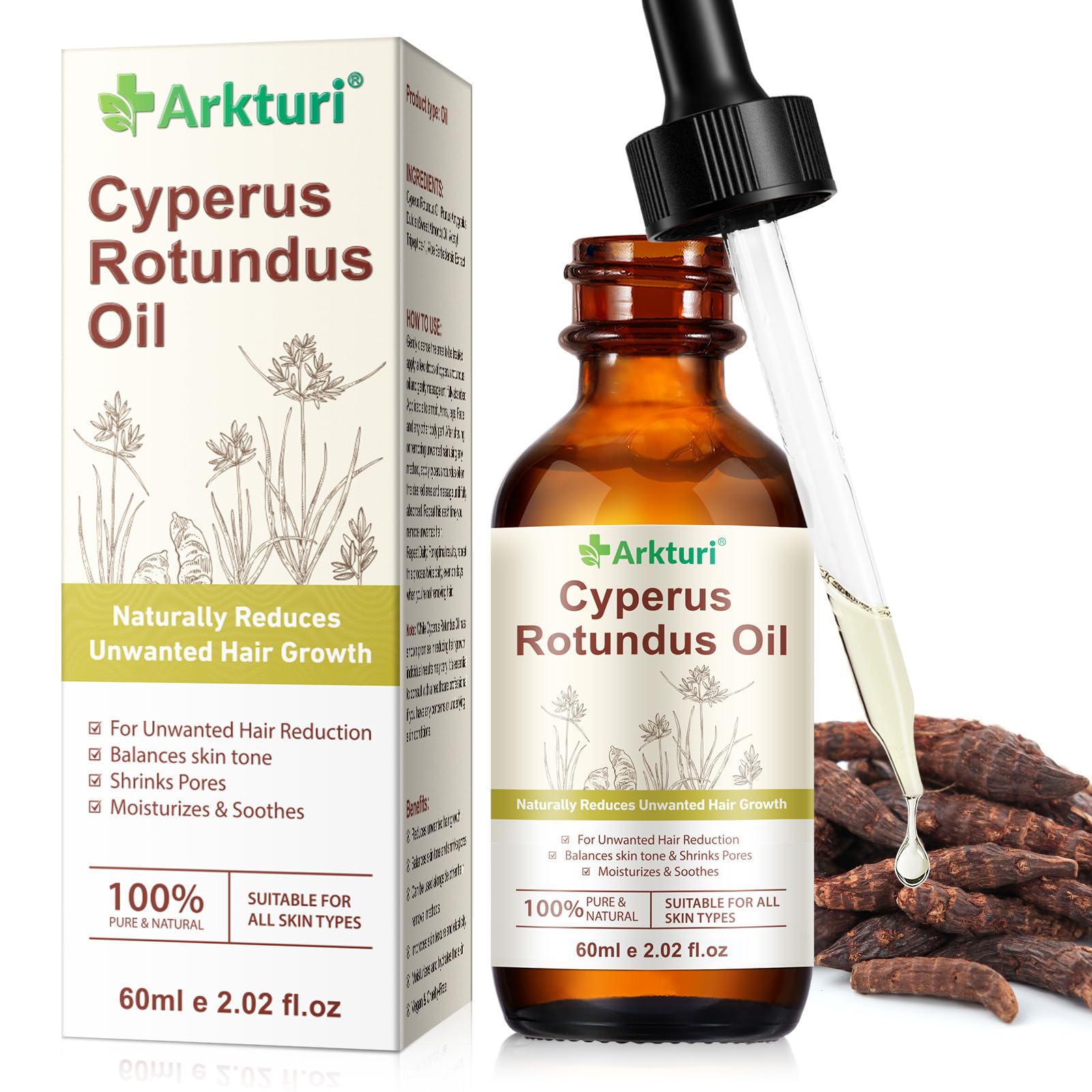 Cyperus Rotundus Oil per la depilazione, 60 ml 100% puro olio naturale Cyperus Rotundus riduce la crescita dei capelli dopo la rasatura, lenisce la pelle e affina i pori, adatto a tutti i tipi di