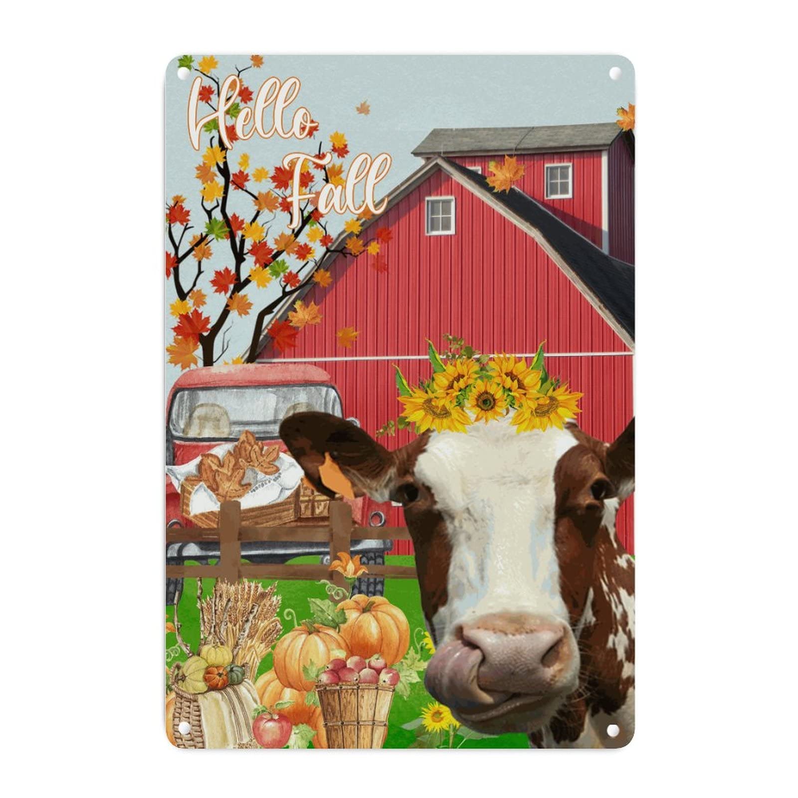 Panneau en métal décoration murale rétro citrouille et vache 45x30cm