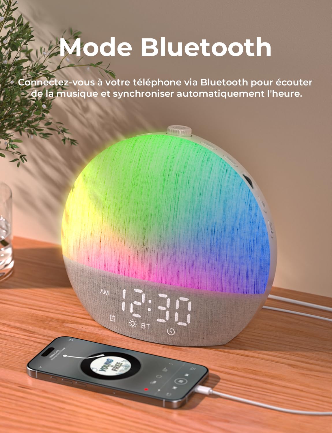 LIORQUE Reveil Lumineux Simulateur Aube, 30 Sons, Bluetooth, 17 Effets | Simulation 60min, Veilleuse 17 Effets 20 Niveaux, Minuteur 180min, Design Tissu, Ecran Extinction, Port Charge 5W