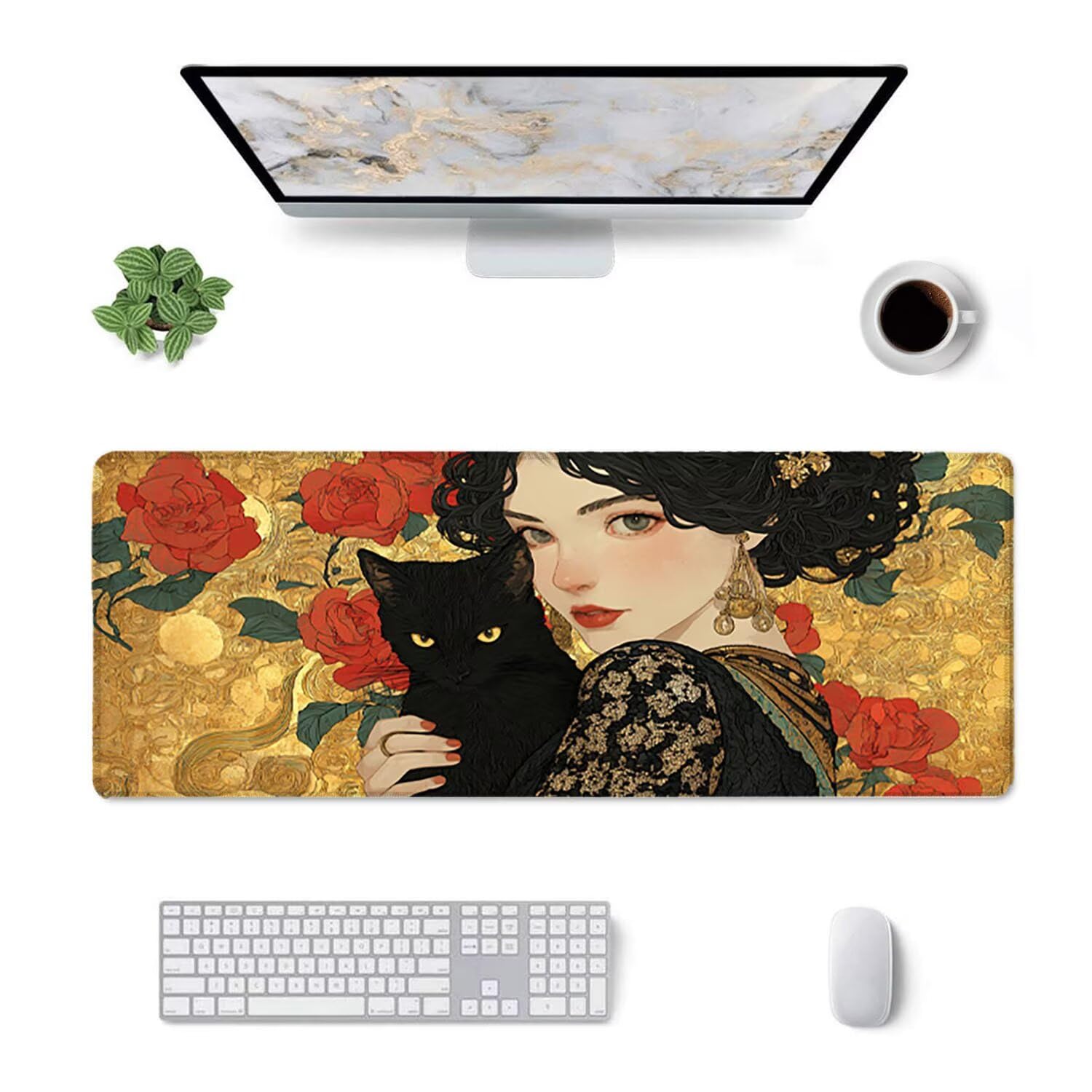 Tapis de Souris Jeu 1200 x 600mm XXL Tapis Souris Gaming Grand Pad Bureau avec Base AntidéRapante ImperméAble à l'eau Surface Bords Cousus Haute Précision et Vitesse Gamer PC/Console Le chat rose F558