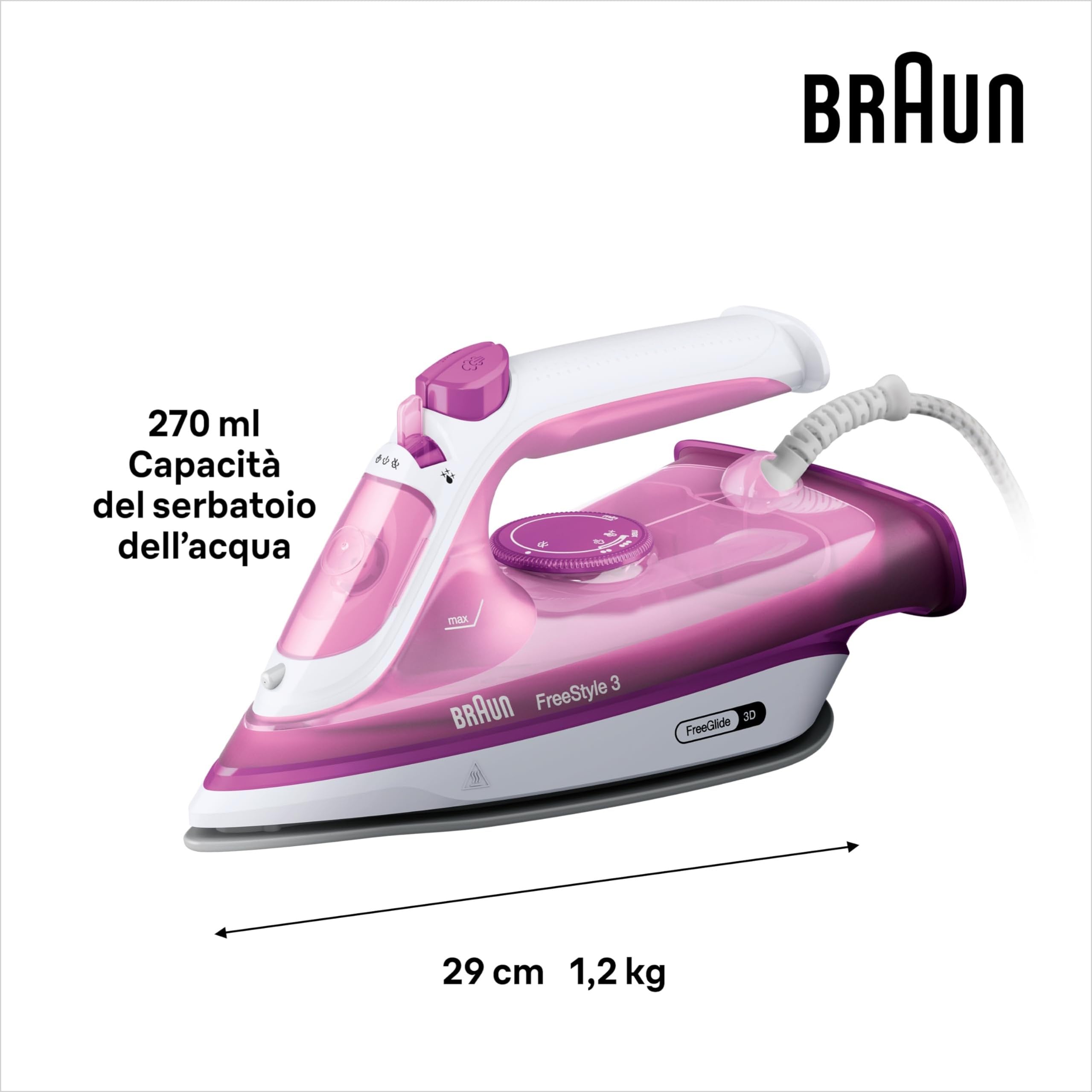 Braun FreeStyle3 FI3124PU Ferro da Stiro con 5 Anni di Assistenza, MODALITA' ECOMODE Risparmio Energetico, Tecnologia FreeGlide 3D, vapore 170g/min, AutoSpegnimento, Serbatoio acqua 270ml, 2700W,Viola