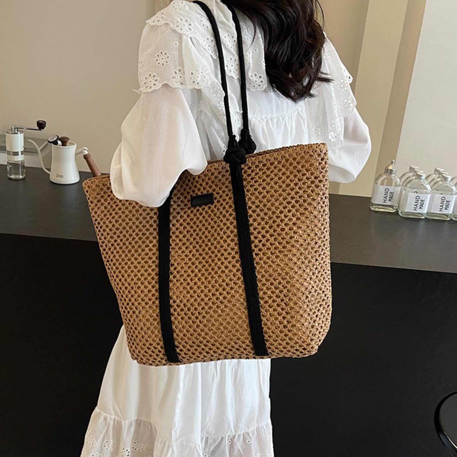 Sac en Paille à Bandoulière pour Femmes - Grand Format Tissé et Crocheté, Pour Plage et Vacances d'Été