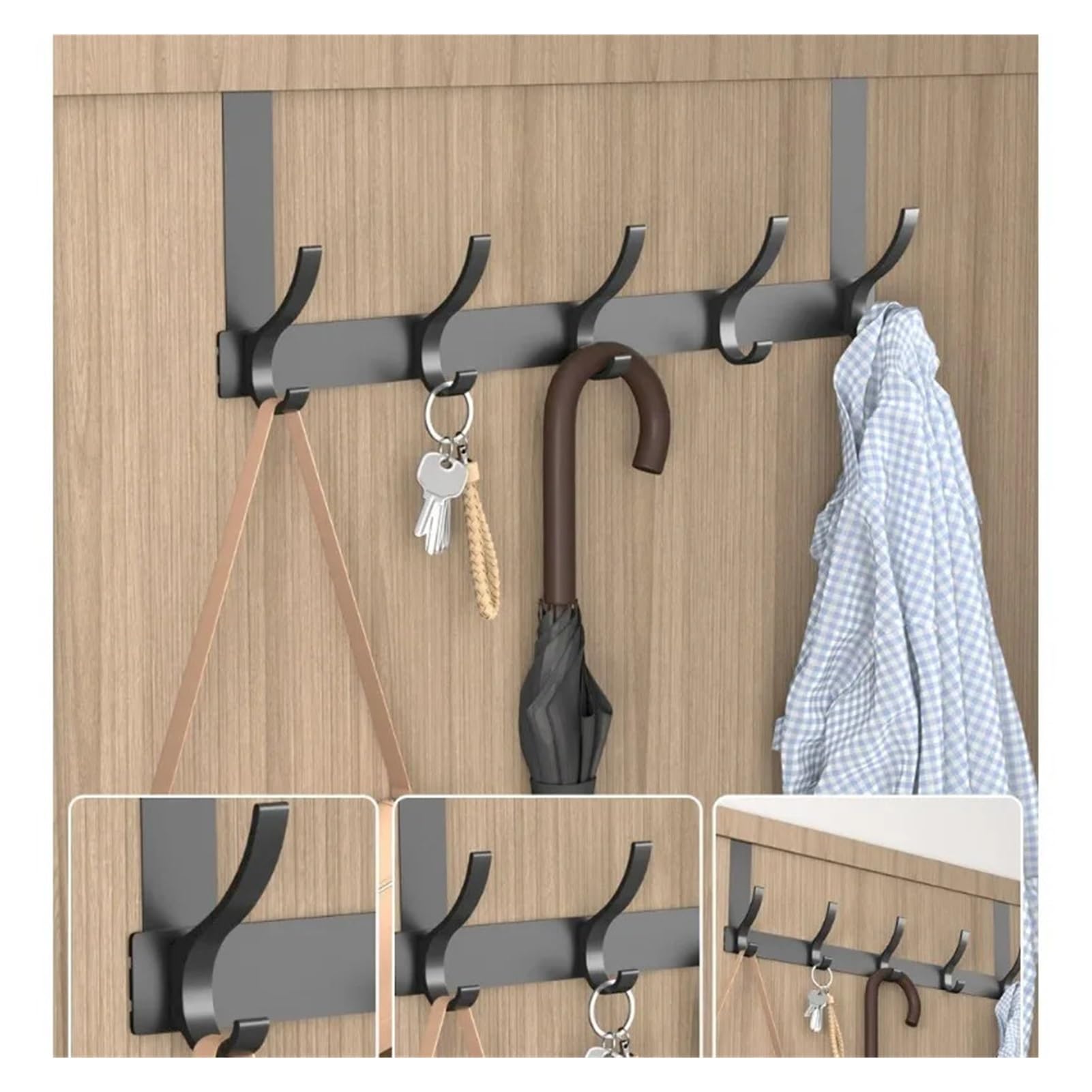 Ganchos para colgar en la puerta Ganchos for colgar sobre la puerta, de aluminio, for baño, for colgar ropa y abrigos.(Black short 5 hooks)
