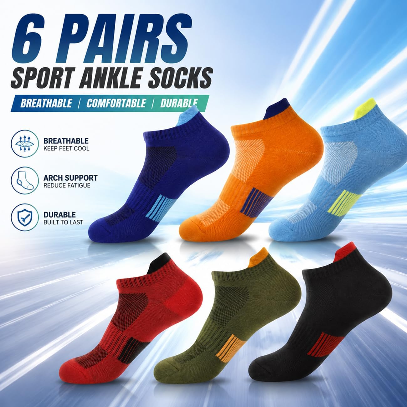 6 Pairs Ankle Socks No Show Sock Low-Cut Athletic Men Women Cotton Socks