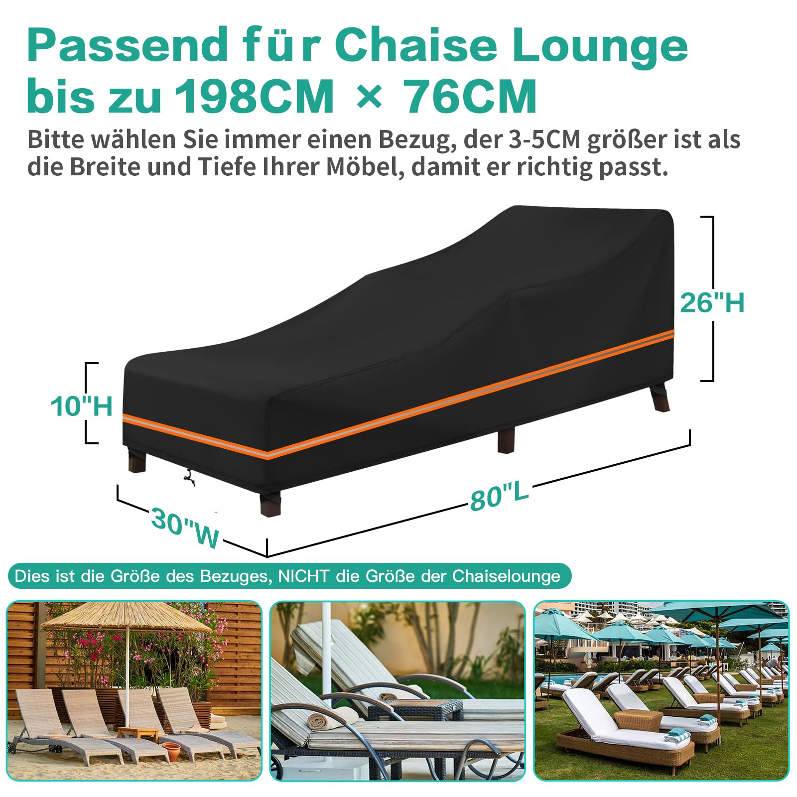 Housse de Chaise Longue Exterieur Imperméable Protection Transat Bain de Soleil Oxford 600D Durable Anti-UV & Résistante aux Intempéries 200x75x40cm