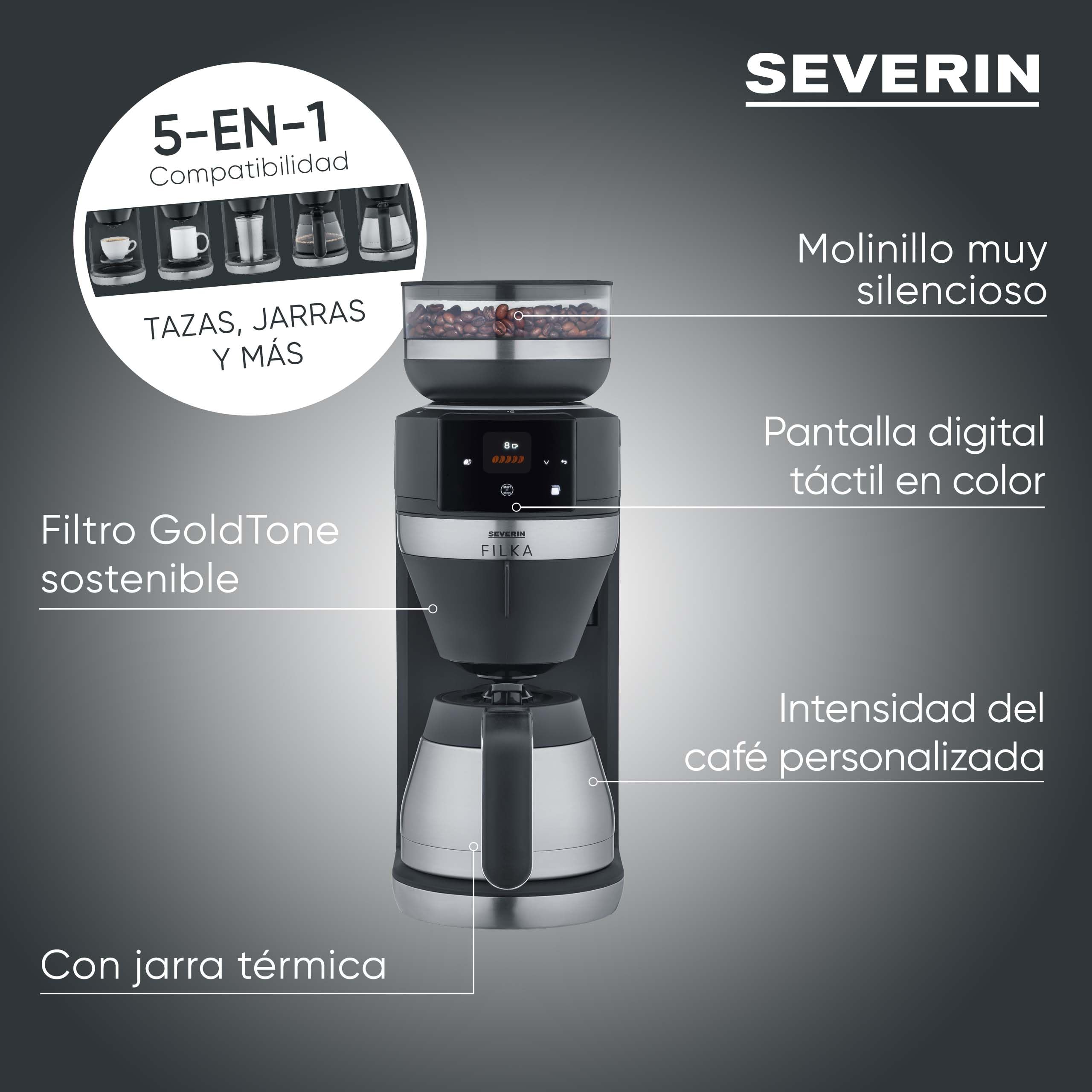 SEVERIN FILKA, cafetera de filtro totalmente automática, cafetera de filtro 5 en 1 con pantalla LED, molinillo, con jarra termo, negro mate/acero inoxidable, KA 9695