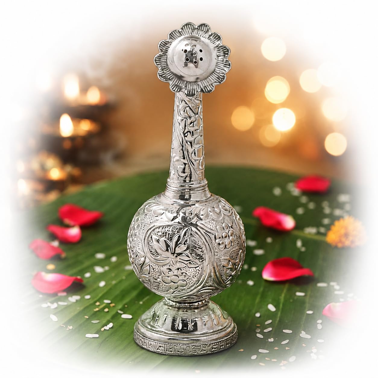 German Silver Paneer Sambhu, Attardani Engraved with Floral Design, Rose Water Sprinkler,Pooja Item for Gift Height 17cm and 23cm (17 CM)-image-46