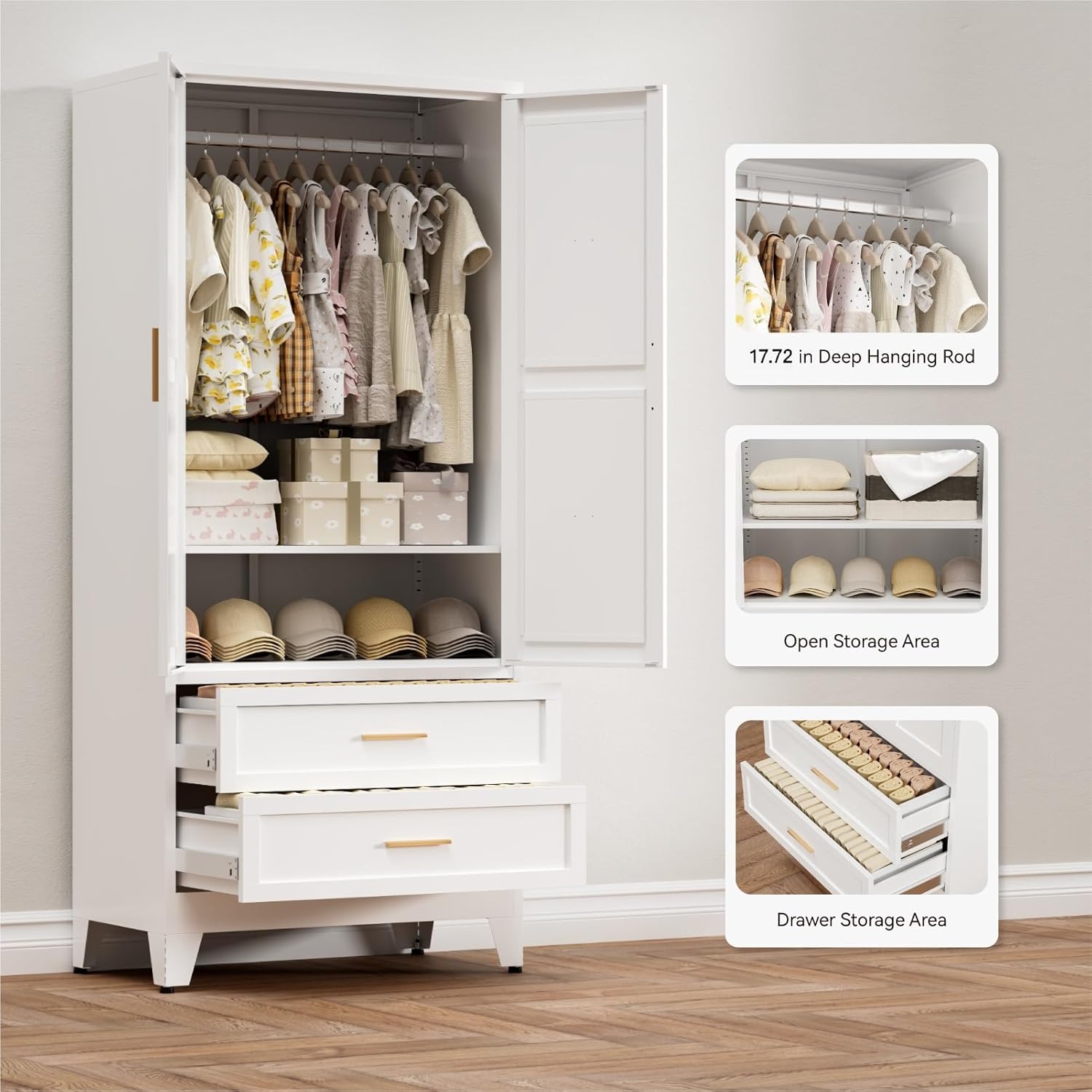 Wardrobe interior showing hanging rod, open storage, and drawers