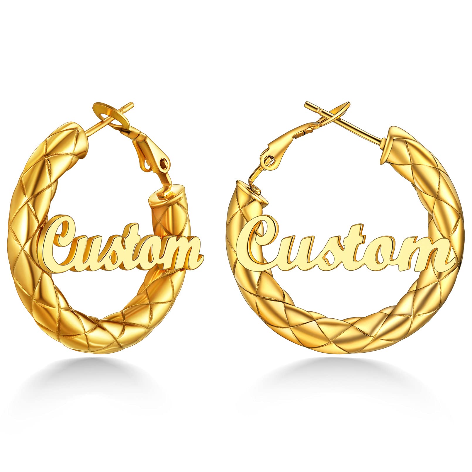 Custom4U Bamboo Earrings for Women Personalized Gold Hoop Name Earrings