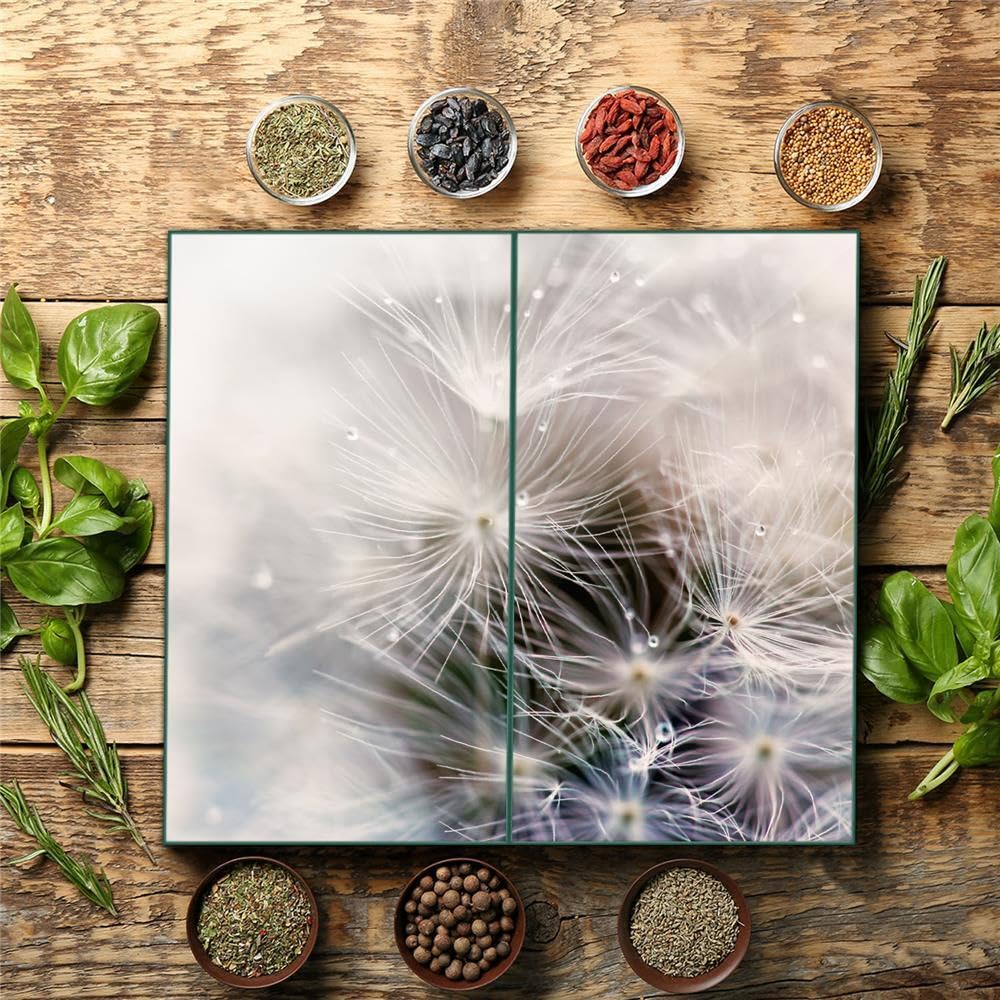 Herdabdeckplatte Abdeckung Ceranfeld Abdeckplatte Schneidebrett 2-Teilig 60x52 Pusteblume Grau Spritzschutz Glasplatte Ceranfeldabdeckung Schutz Herdschutz Sicherheitsglas Glasschneidebrett 2x30x52