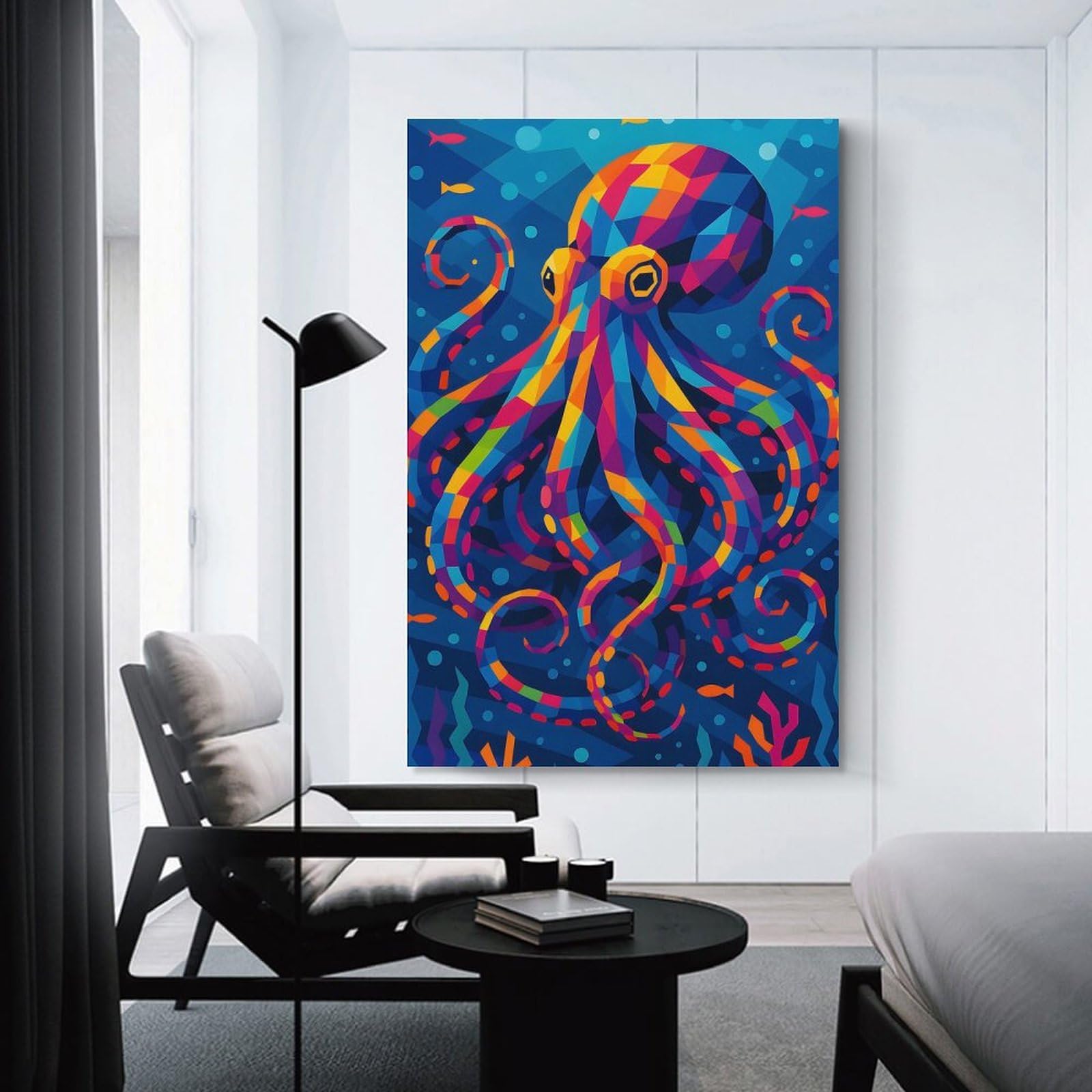 Junmoney Colorful Geometric Octopus in Blue Sea Canvas Wall Picture, 24x36inch(60x90cm), for Front Hall, Corridor Or Welcome Spaces, Wall Decor to Refresh Empty Corners