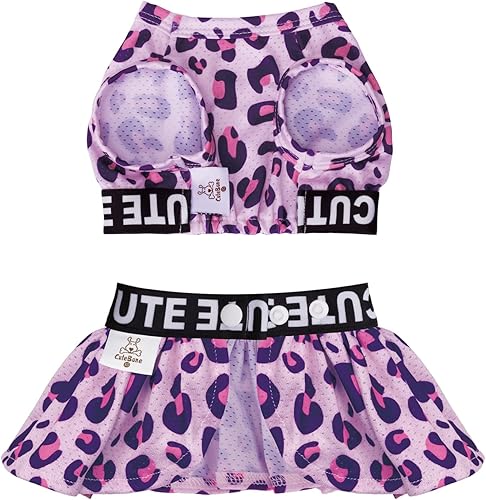 Miniatura 8 de CuteBone Vestido deportivo de dos piezas para perros Athleisure con estampado de leopardo, falda rosa para cachorros, ligera, para perros pequeños,