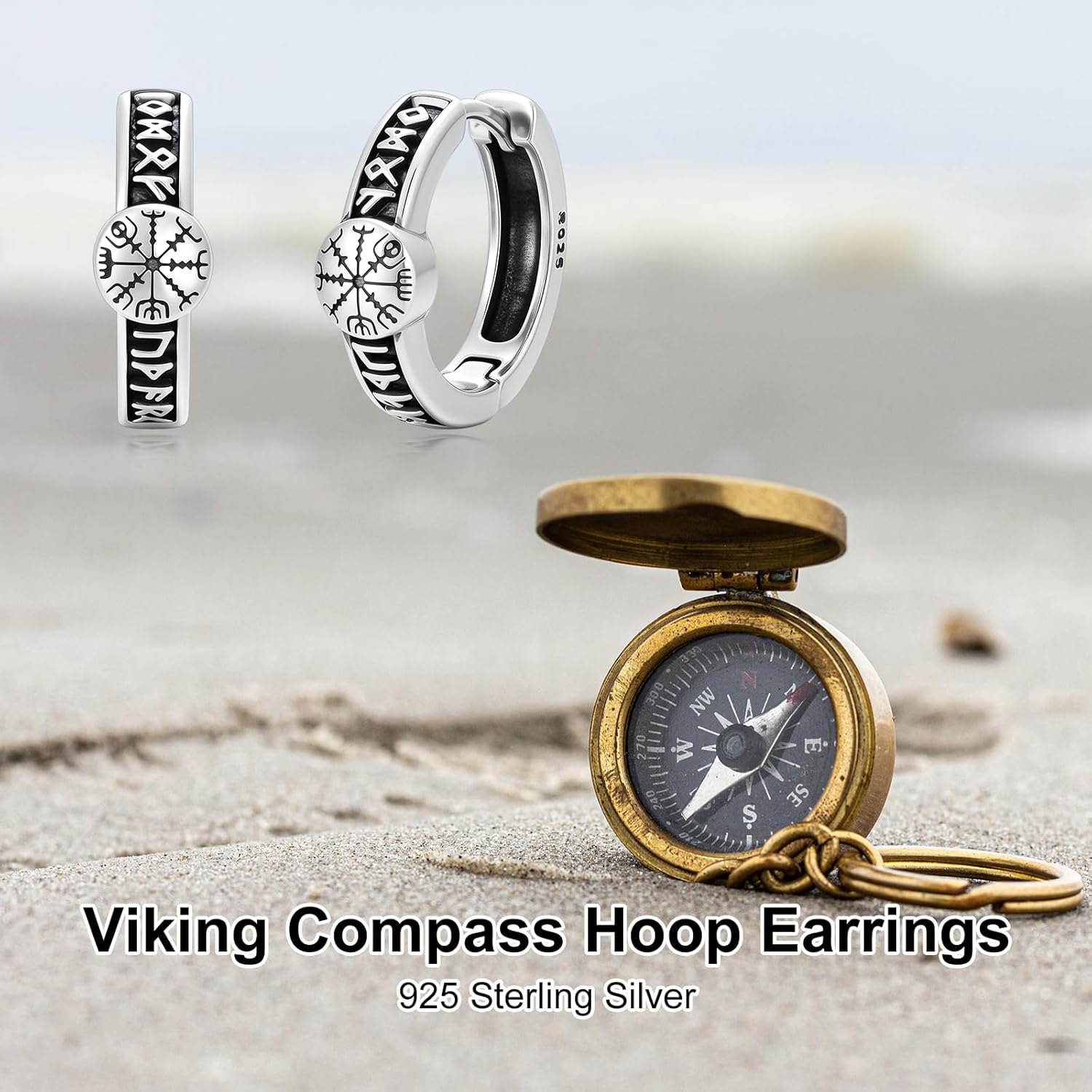 Compass Hoop Earrings Men 925 Sterling Silver Compass Huggie Hoop Earring Viking Huggie Jewelry for Men Women