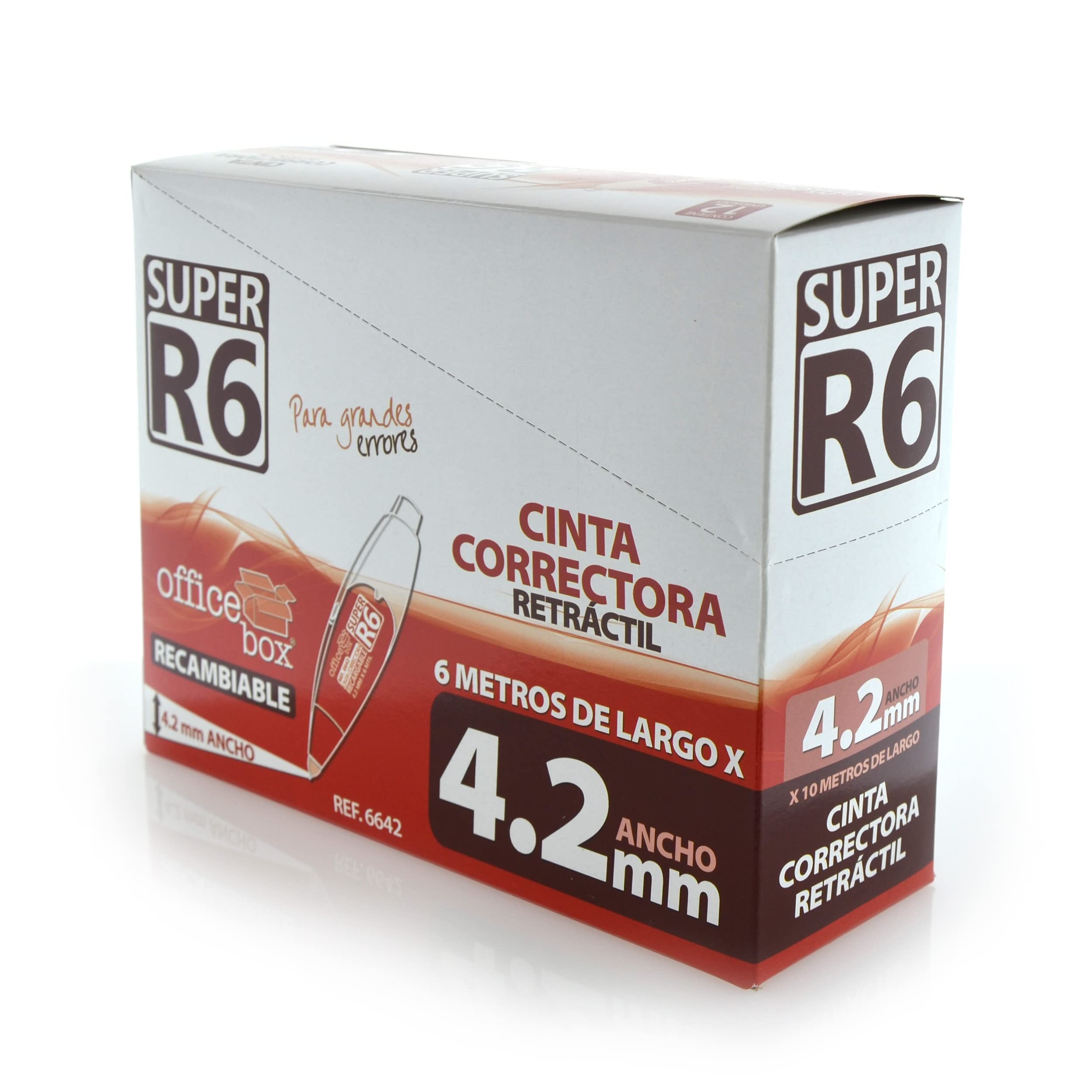 office box Pack 12 Cinta Correctora Retráctil y Recargable SUPER R6-4.2 mm de ancho x 6 Mt. de Largo - by (12 Ud - Corrector 4.2 mm Ancho)