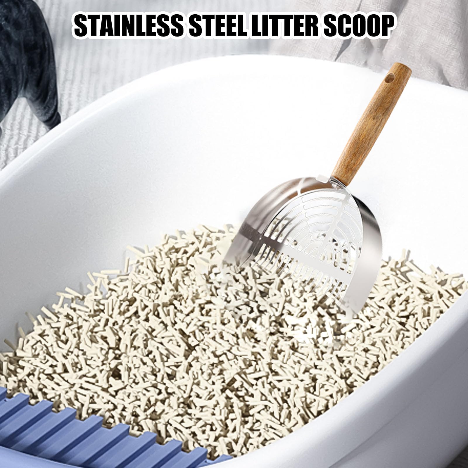 Paletta per lettiera, Acciaio Inossidabile antiruggine, Filtro Portatile con Manico Lungo ergonomico, Accessori for Animali Domestici(Stainless Steel Style)