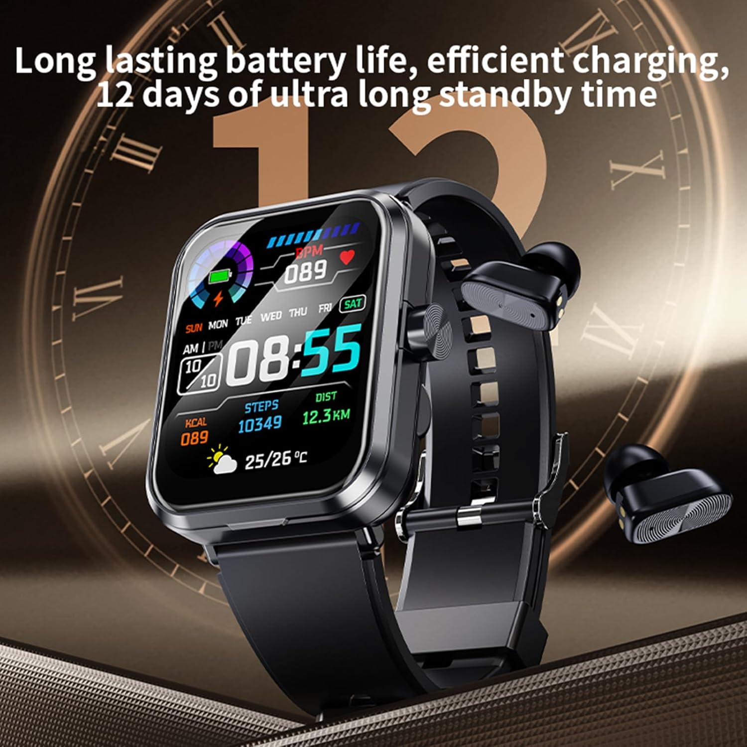 Smart Watch with Earbuds Fitness Watch with Sleep Tracker Heart Rate Monitor Step Tracker Bluetooth Call for iOS Android