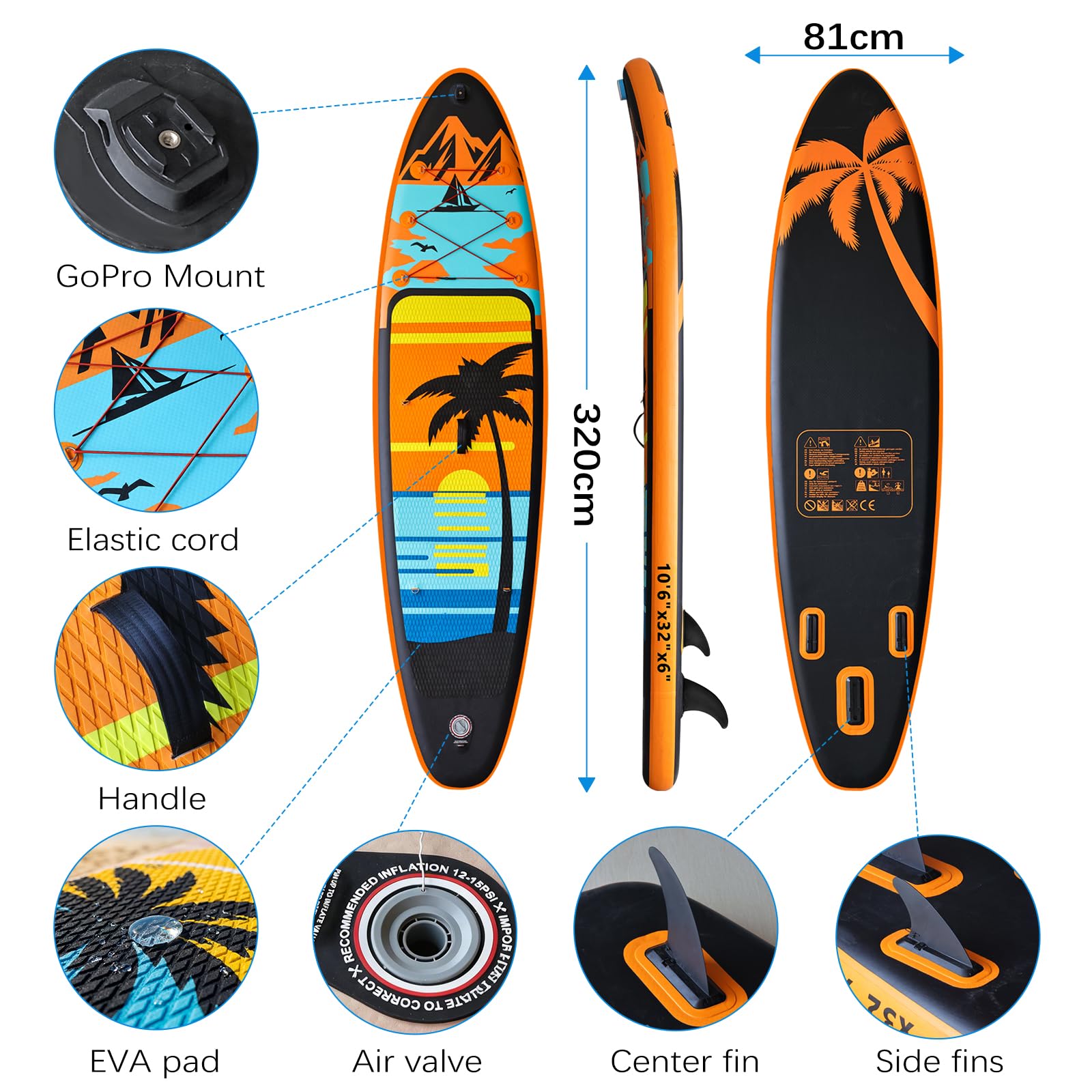 Tavola Da Surf Gonfiabile Adulto,320CM Gonfiabili Sup con Accessori: Pagaia, Pompa,Pinne di Pesce *3,Capacità Carico di 135 KG,Plus Tavola Sup Per Adatto Surfisti Tutti i Livelli