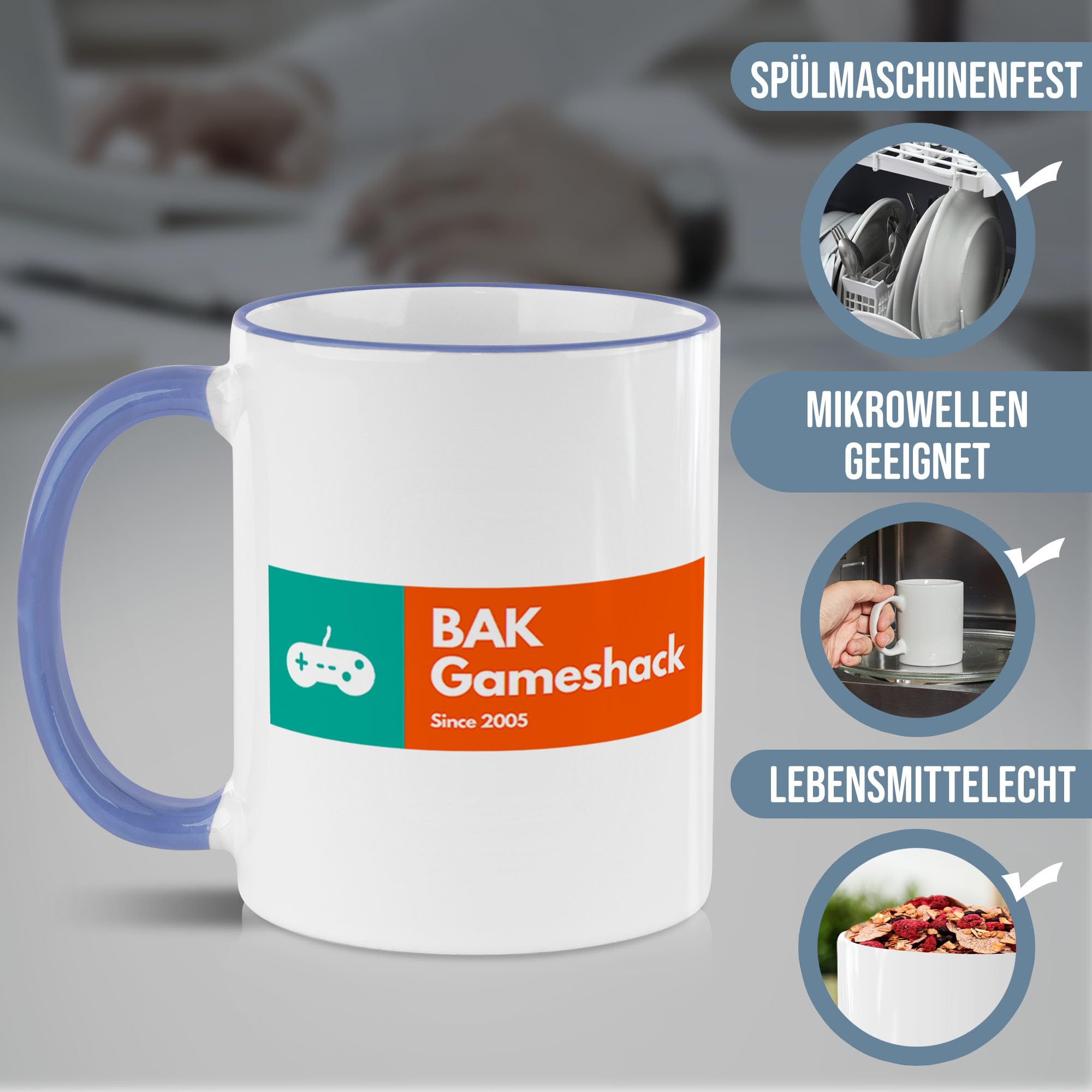Tassendruck Firmen-Tassen 48 Stück mit eigenem Logo gestalten - Geschenke zum Firmenjubiläum, für Kollegen, Merchandise, B2B | Personalisierte Fotogeschenke - Rand & Henkel Cambridge Blau, 300 ml